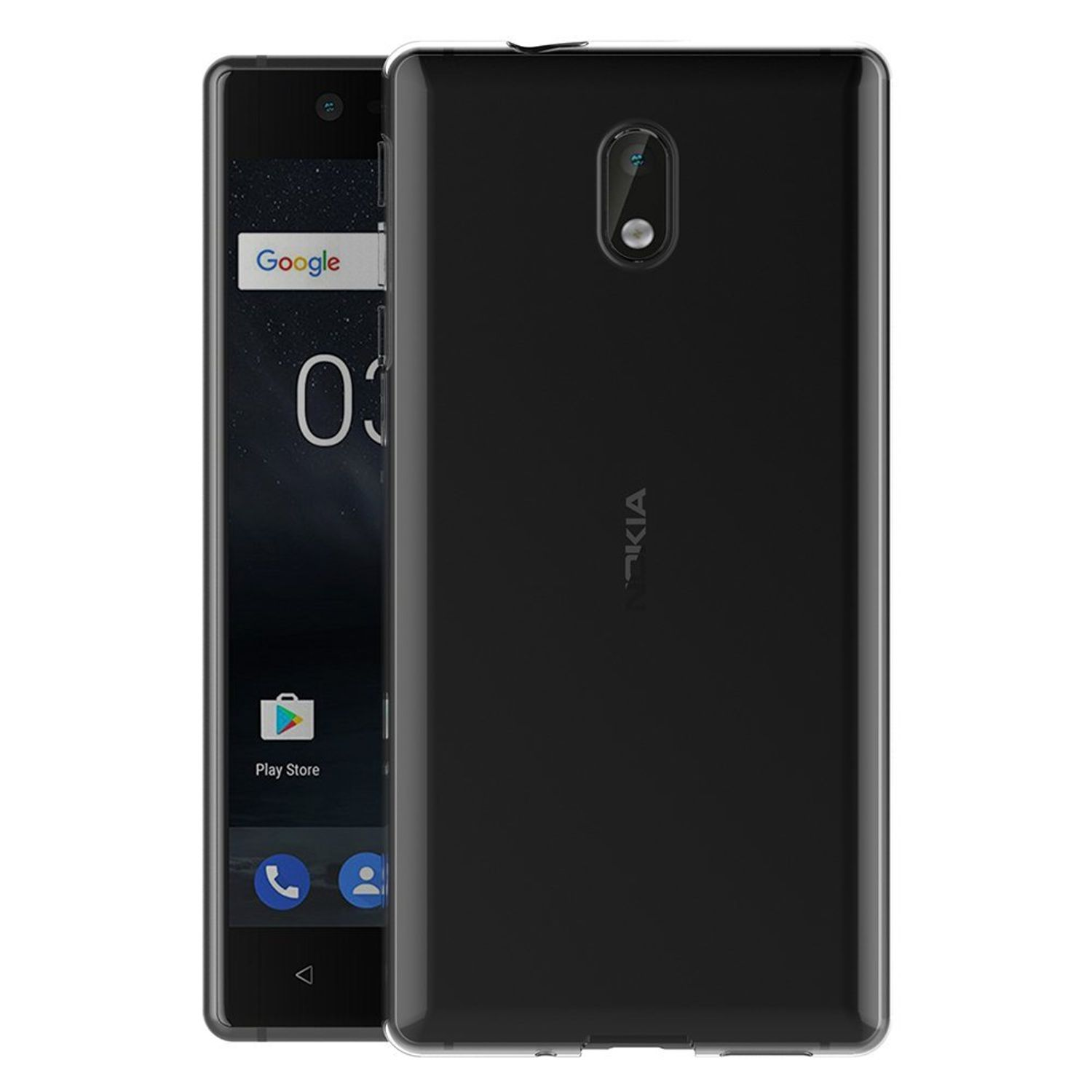 Schwarzes Nokia-Telefon mit klarer Hülle, Bildschirm zeigt Google- und Play Store-Symbole.