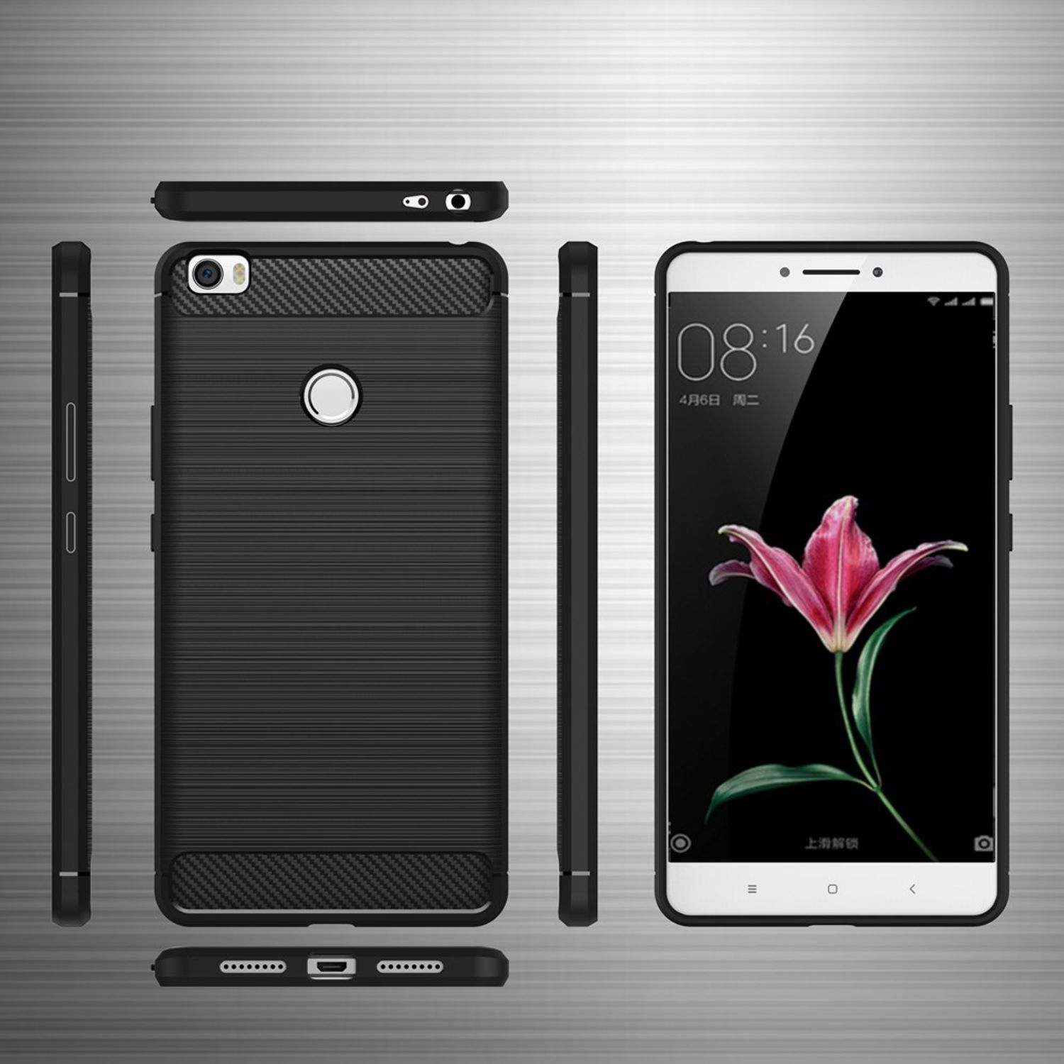 Schwarzes Telefon mit schwarzer Hülle. Mehrere Ansichten. Schwarzer Hintergrund mit Farbverlauf.
