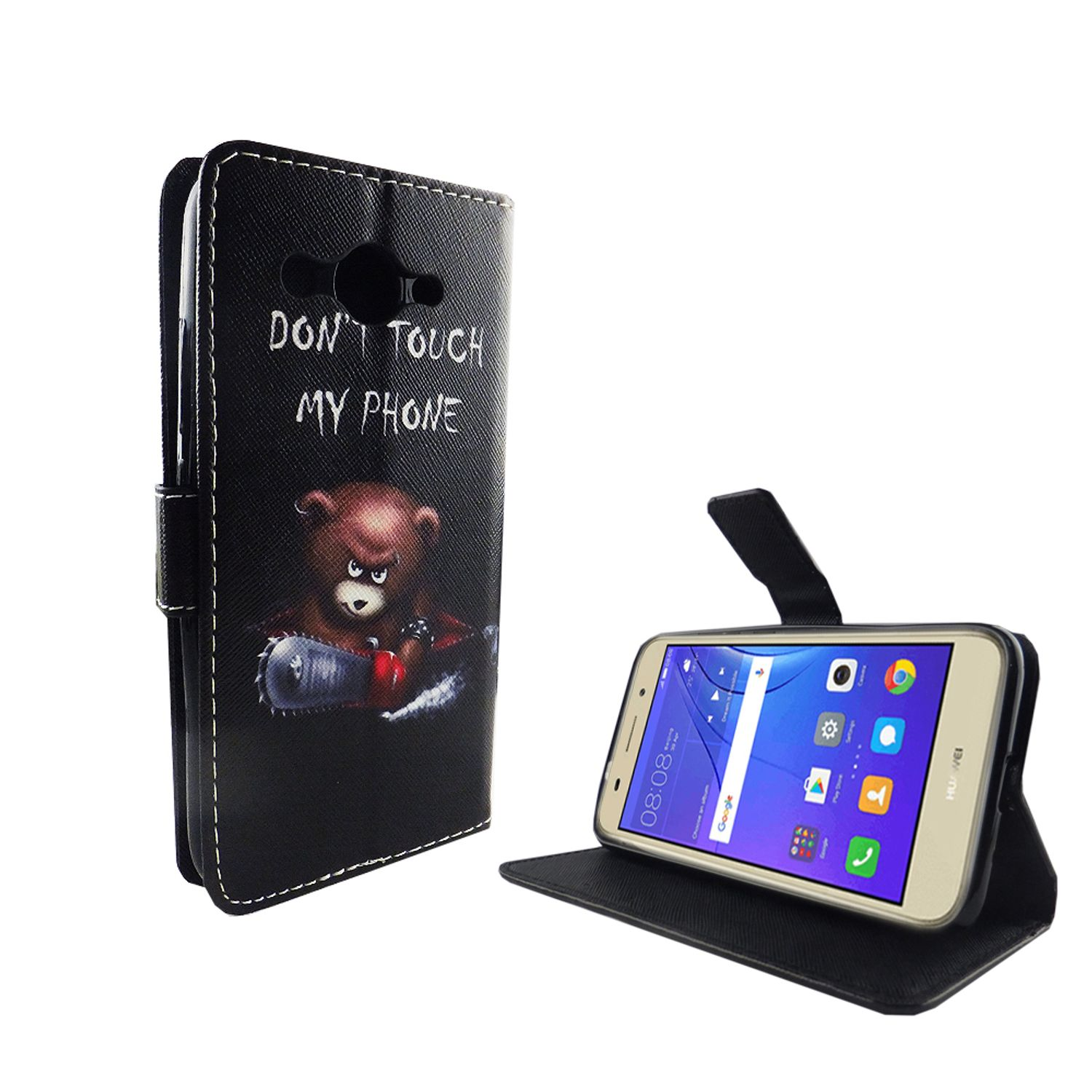 Schwarze Handyhülle mit einem Bären, der eine Kettensäge hält, mit Text 'DON'T TOUCH MY PHONE'.