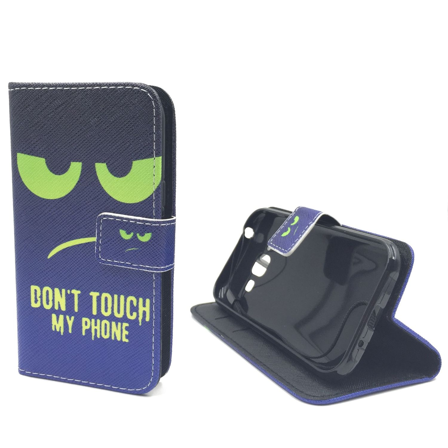 Blaue Handyhülle mit grünem Gesicht und 'DON'T TOUCH MY PHONE'. Offen, das Telefon zeigend.