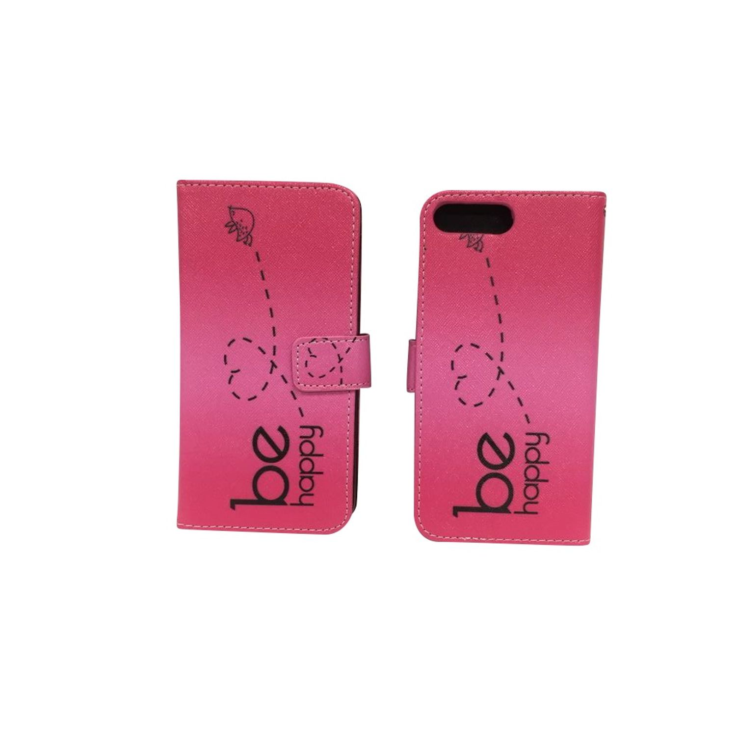 Pinke Handyhülle mit 'be happy'-Text und Herzdesign. Offene und geschlossene Ansicht auf weißem Grund.