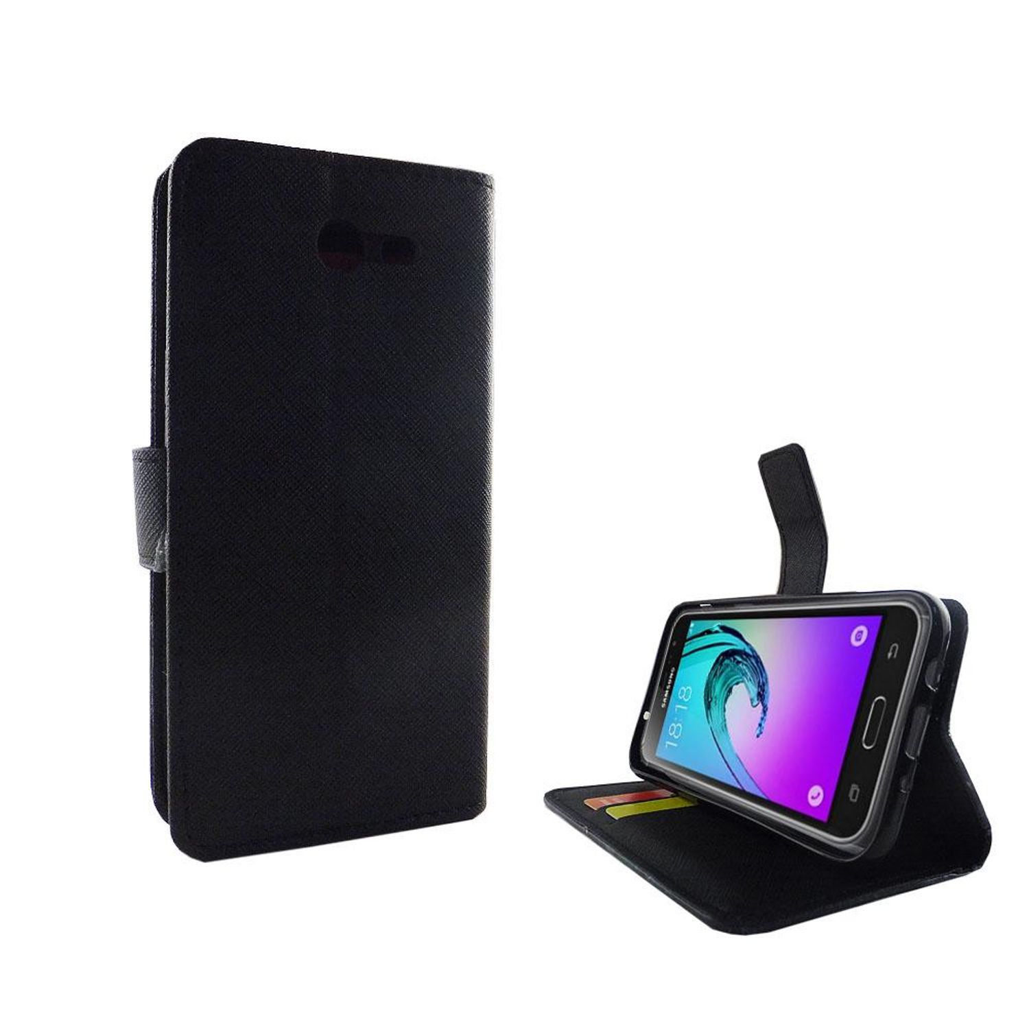Schwarze Handyhülle und Telefon. Das Telefon ist offen. Weißer Hintergrund.