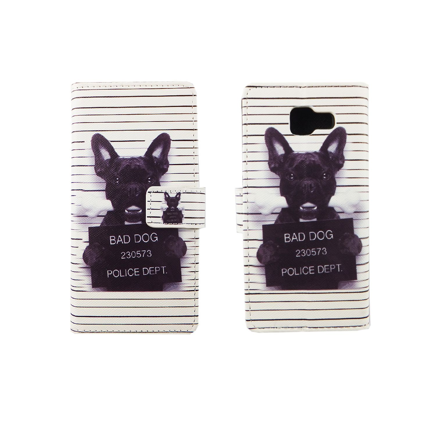 Eine Handyhülle mit Hundefoto-Design, mit dem Text "Bad Dog" und Streifen.