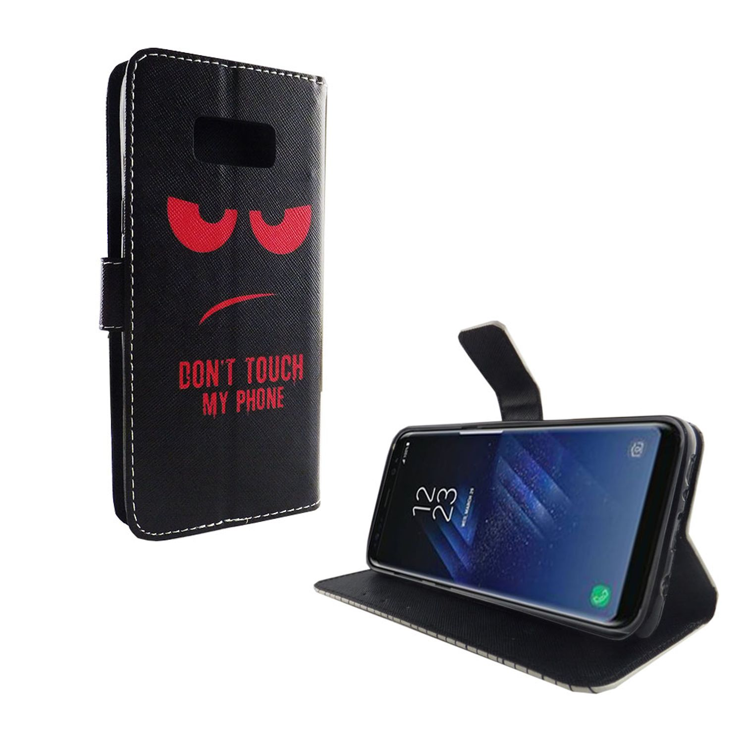 Schwarze Handyhülle mit Gesicht und den Worten 'Don't Touch My Phone'.