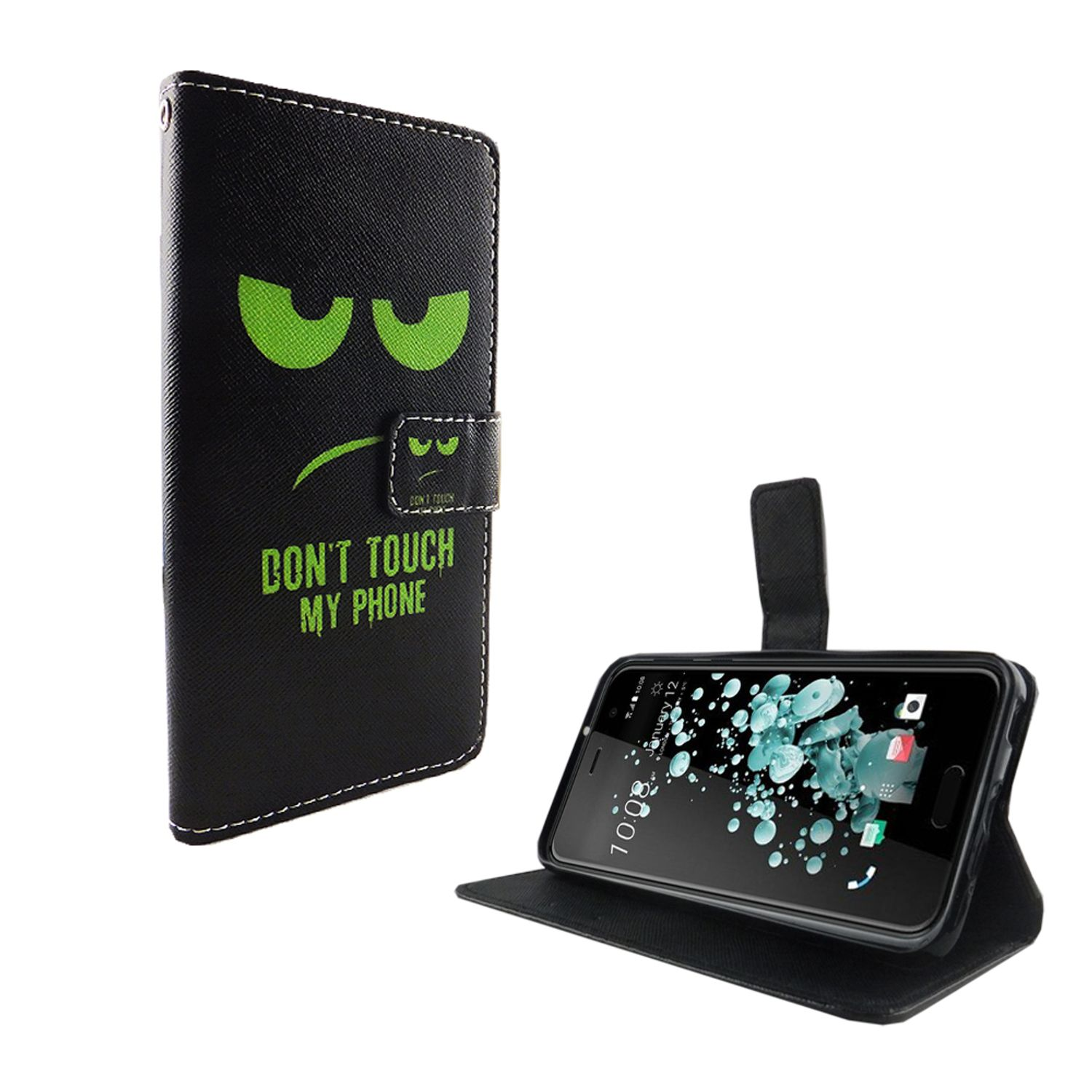 Schwarze Handyhülle mit Gesicht und Text 'DON'T TOUCH MY PHONE'. Telefon im geöffneten Etui.