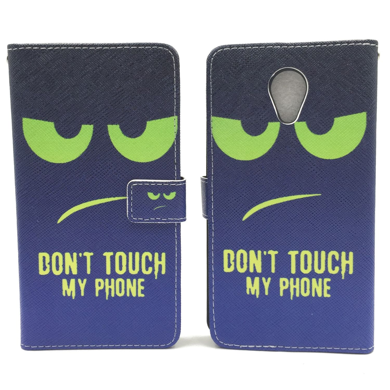 Blaue Handyhülle mit grünen Augen und Text 'Don't Touch My Phone!'.