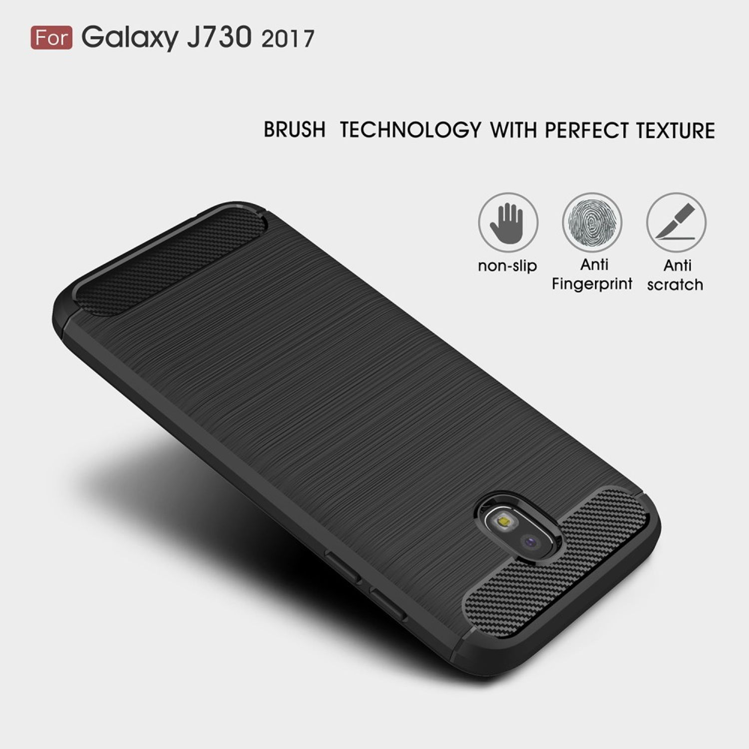 Schwarze Handyhülle mit Text und Symbolen, mit den Worten 'Brush technology with perfect texture'.
