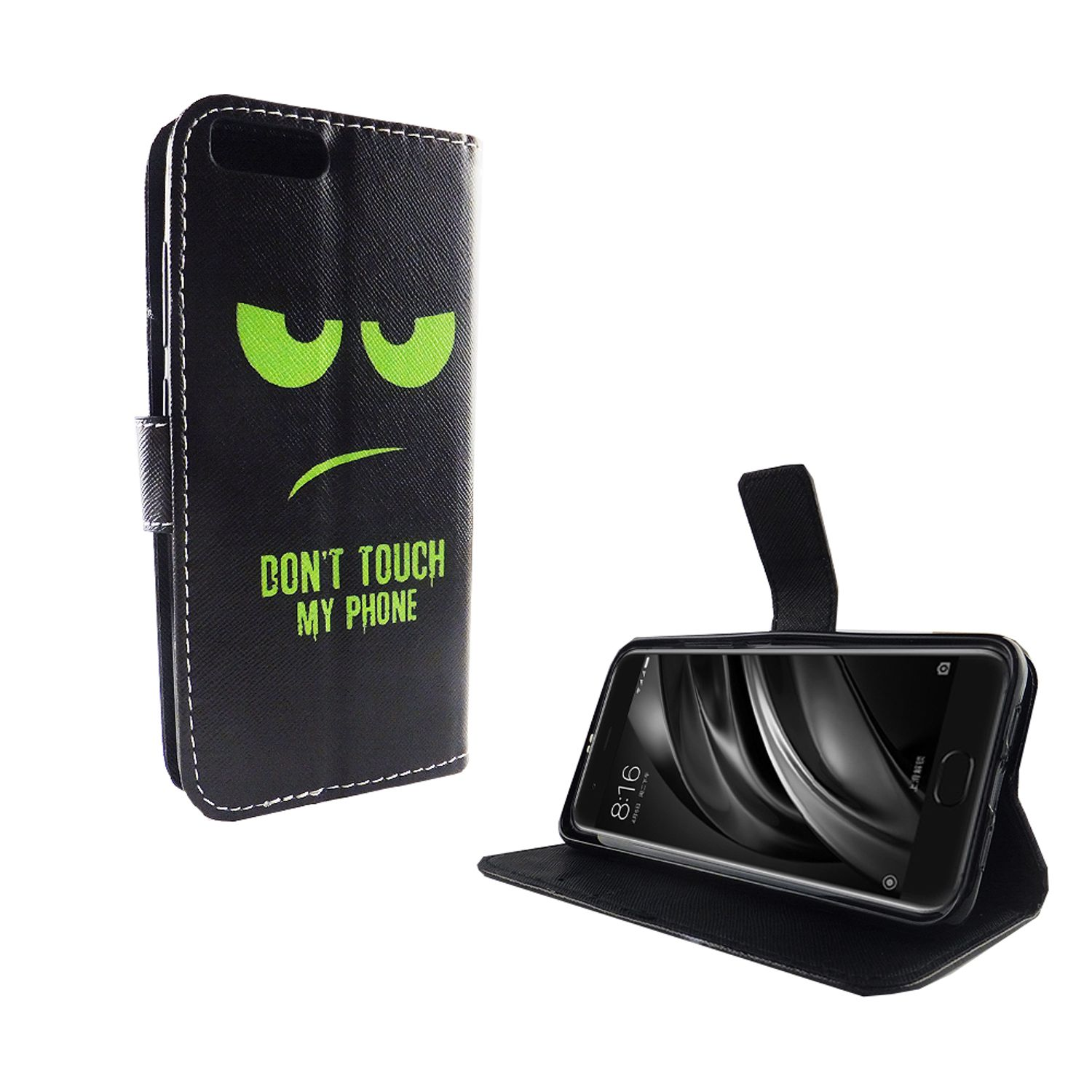 Schwarze Handyhülle mit bösen Augen und Text: 'DON'T TOUCH MY PHONE'.