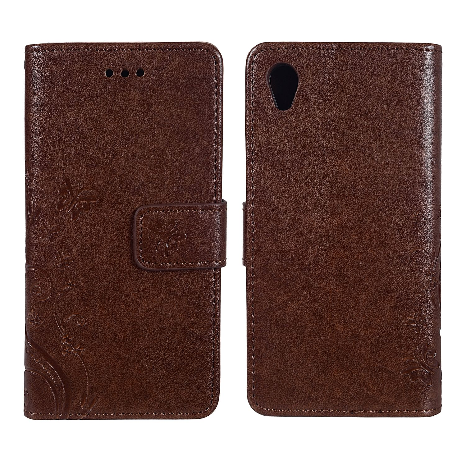 Braune Handyhülle mit floralem Design. Die Hülle ist geschlossen und offen und zeigt ein Telefon im Inneren.