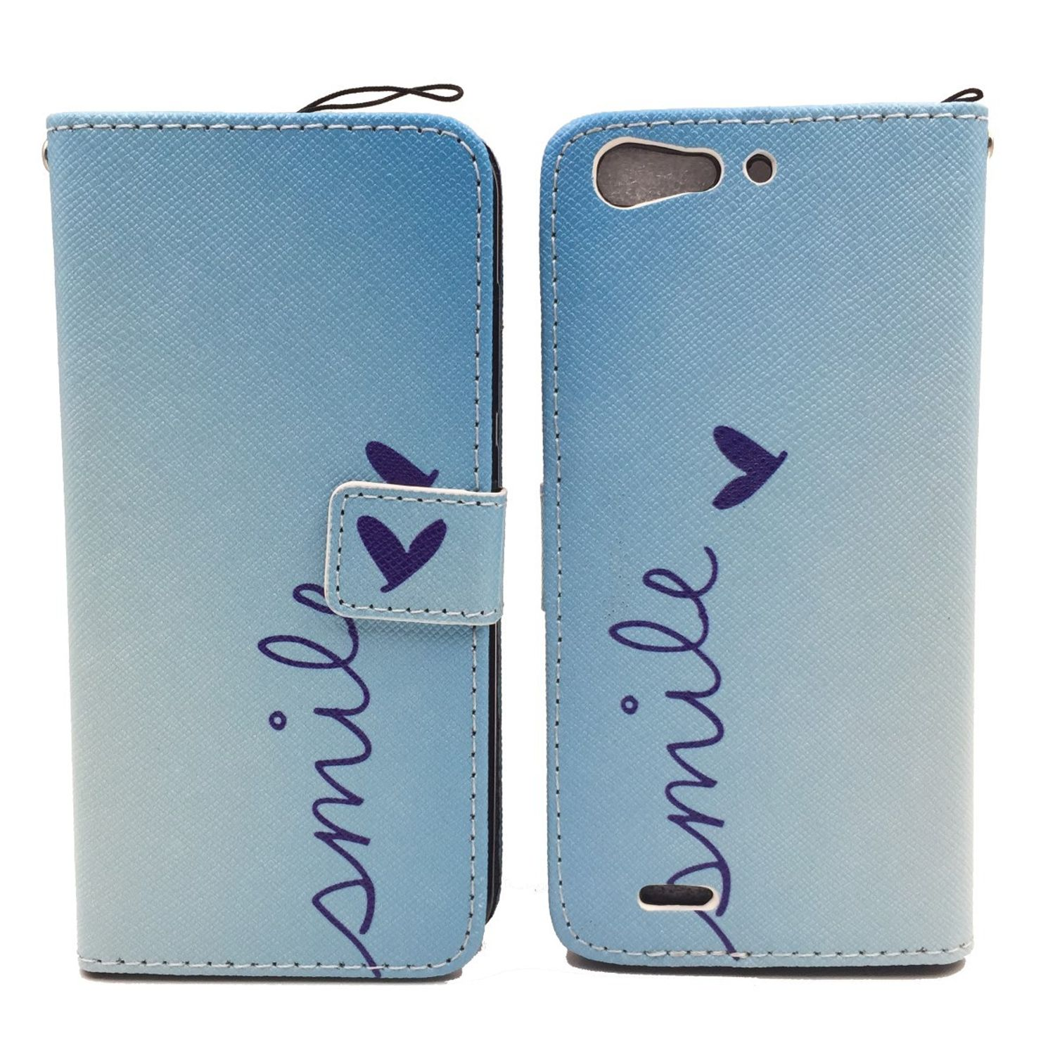 Blaue Handyhülle mit dem Wort "smile" und zwei lila Herzen. Telefon darin.