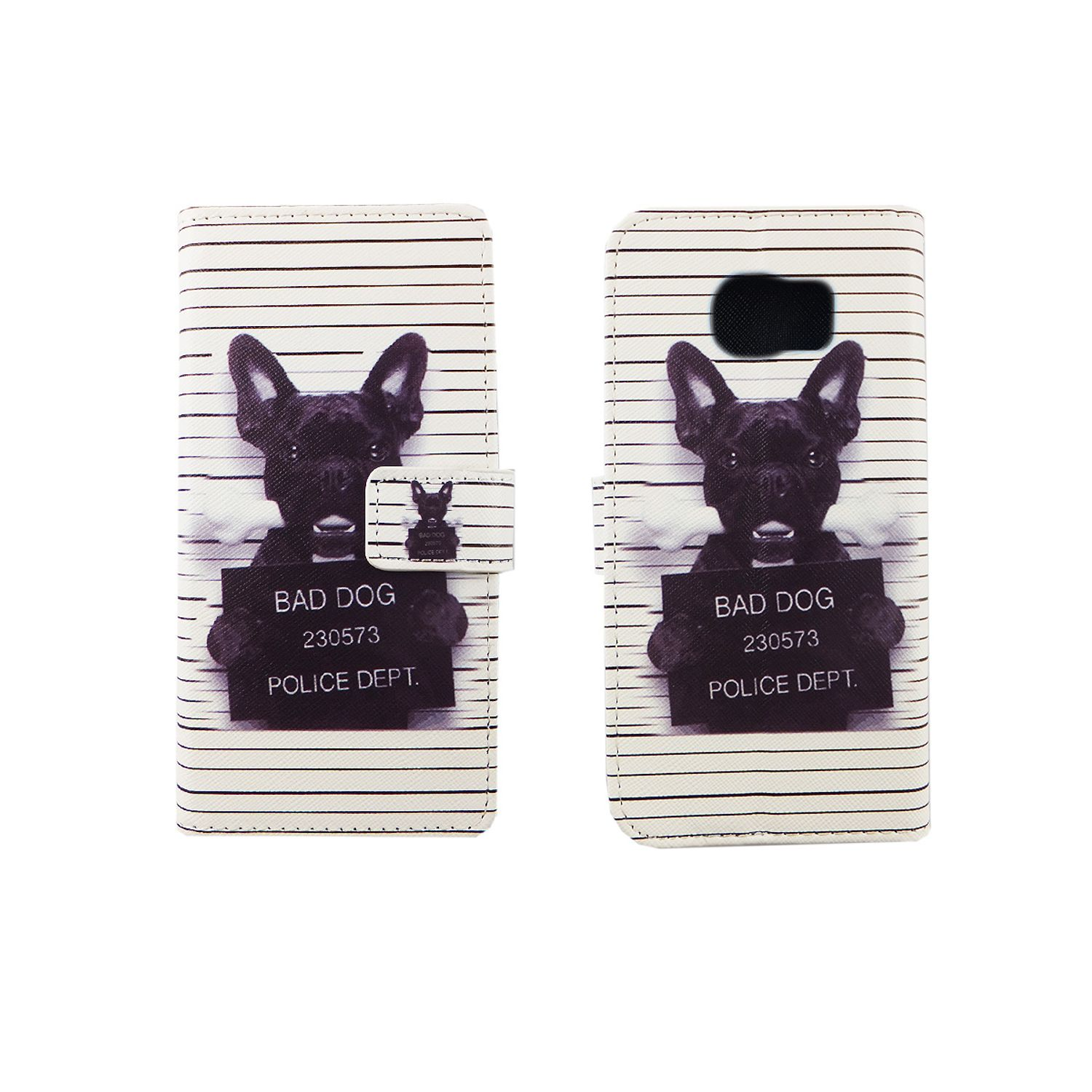 Weißes Handycase mit schwarzem Hund, der ein Schild mit 'BAD DOG' hält.