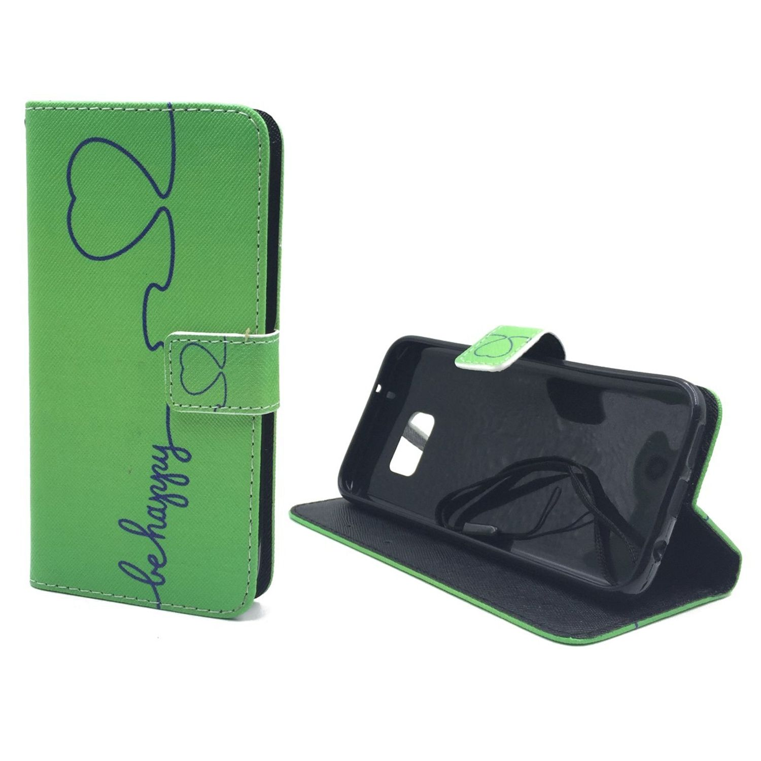 Grüne Handyhülle mit den Worten "be happy" und einem Herzdesign. Geöffnete Hülle mit Telefon.