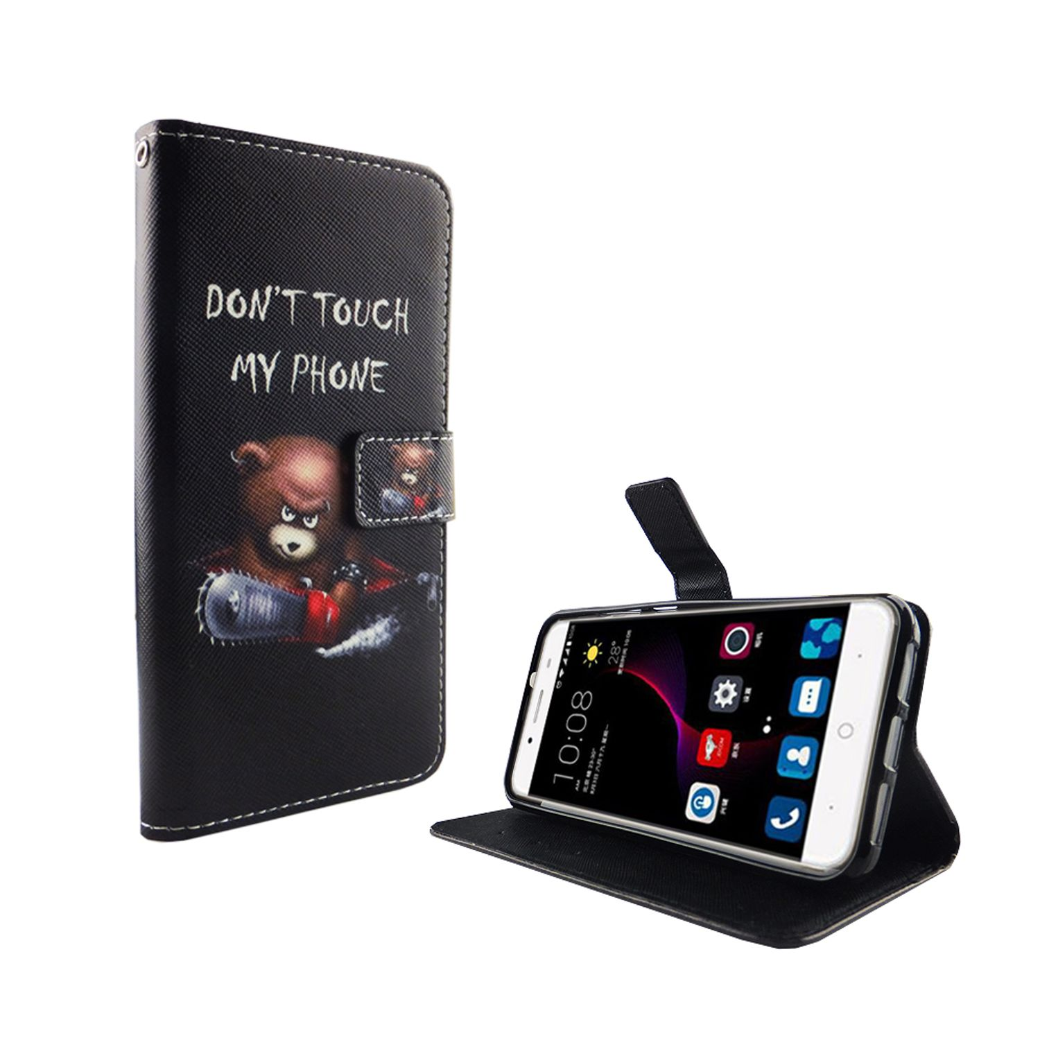 Ein Telefon in einer Hülle mit Bärenillustration, offen, das Telefon zeigend.