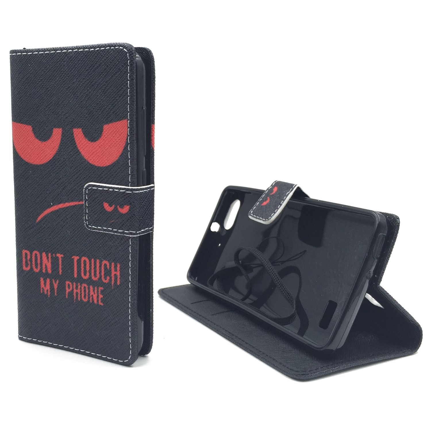 Eine schwarze Handyhülle mit 'DON'T TOUCH MY PHONE' und einem missmutigen Gesicht. Die offene Hülle zeigt das Telefon.