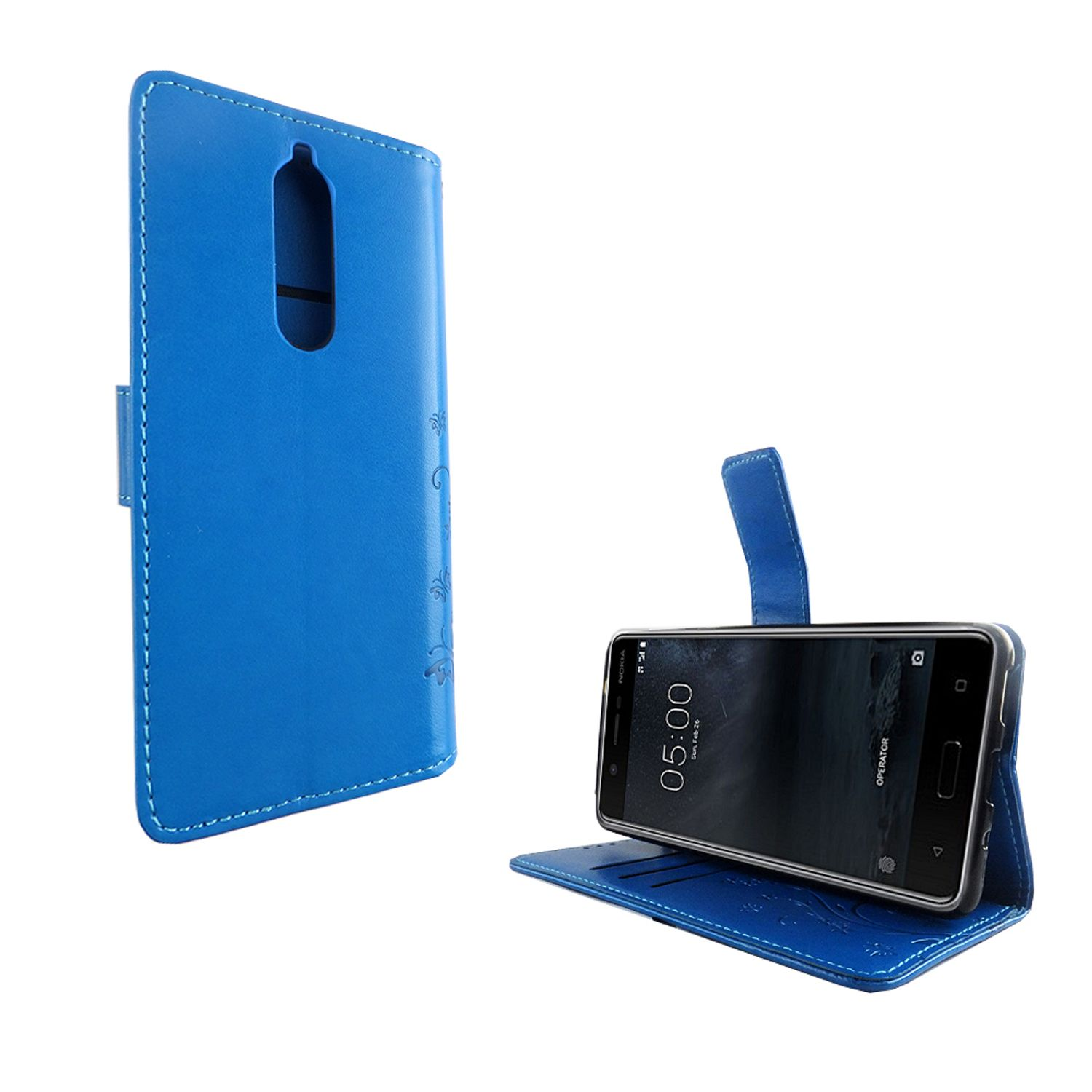Blaue Handyhülle mit Telefon, Blumenmuster sichtbar. Telefon steht aufrecht, offen.