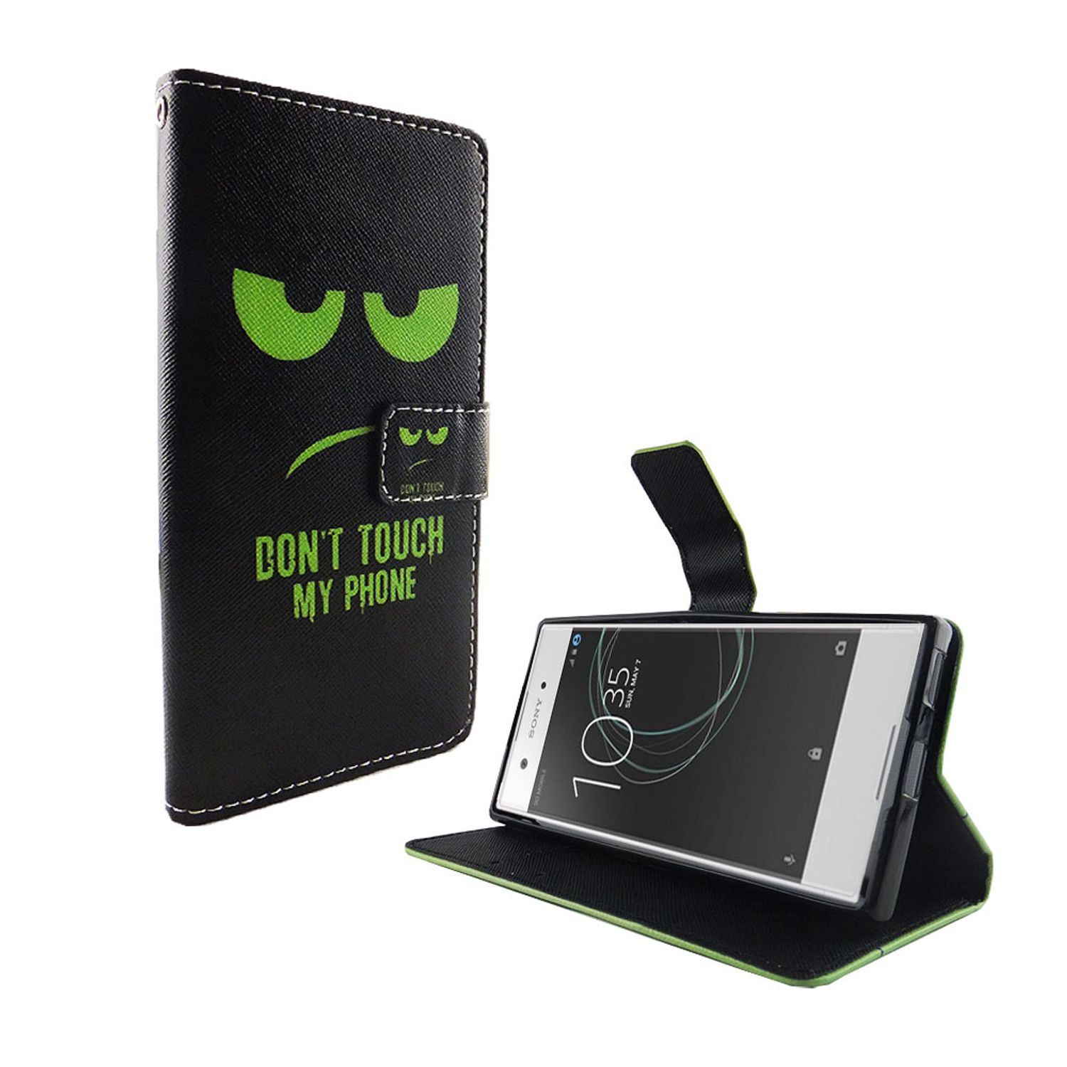 Schwarze Handyhülle mit grünem Text 'DON'T TOUCH MY PHONE'. Ein Telefon liegt in der Hülle.
