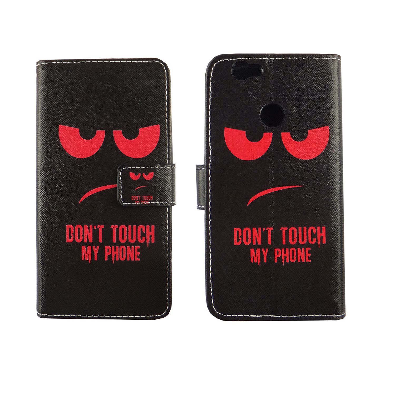 Schwarze Handyhülle mit wütendem Gesicht. Text: Berühr mein Telefon nicht.
