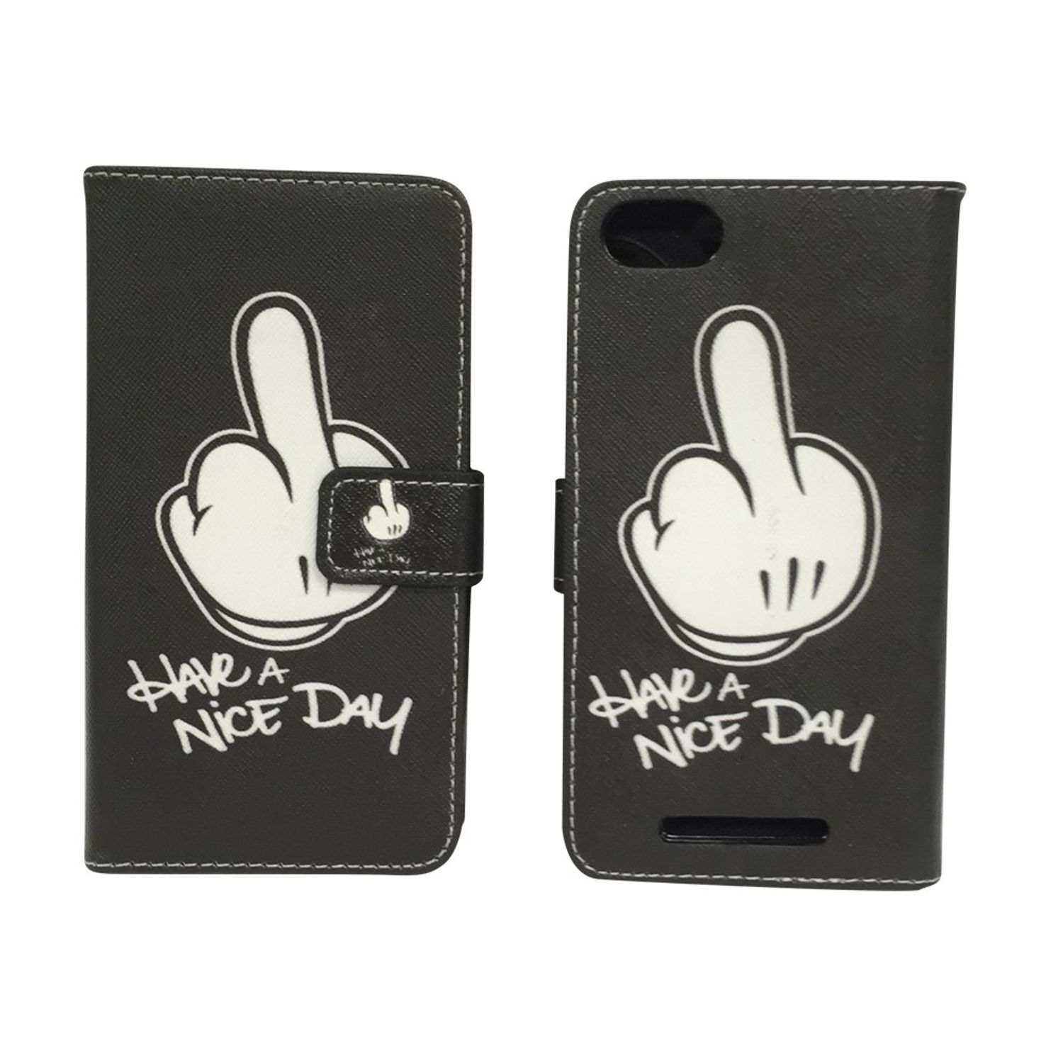 Schwarze Handyhülle mit weißem Mittelfinger. Text "Have a Nice Day" geschrieben.