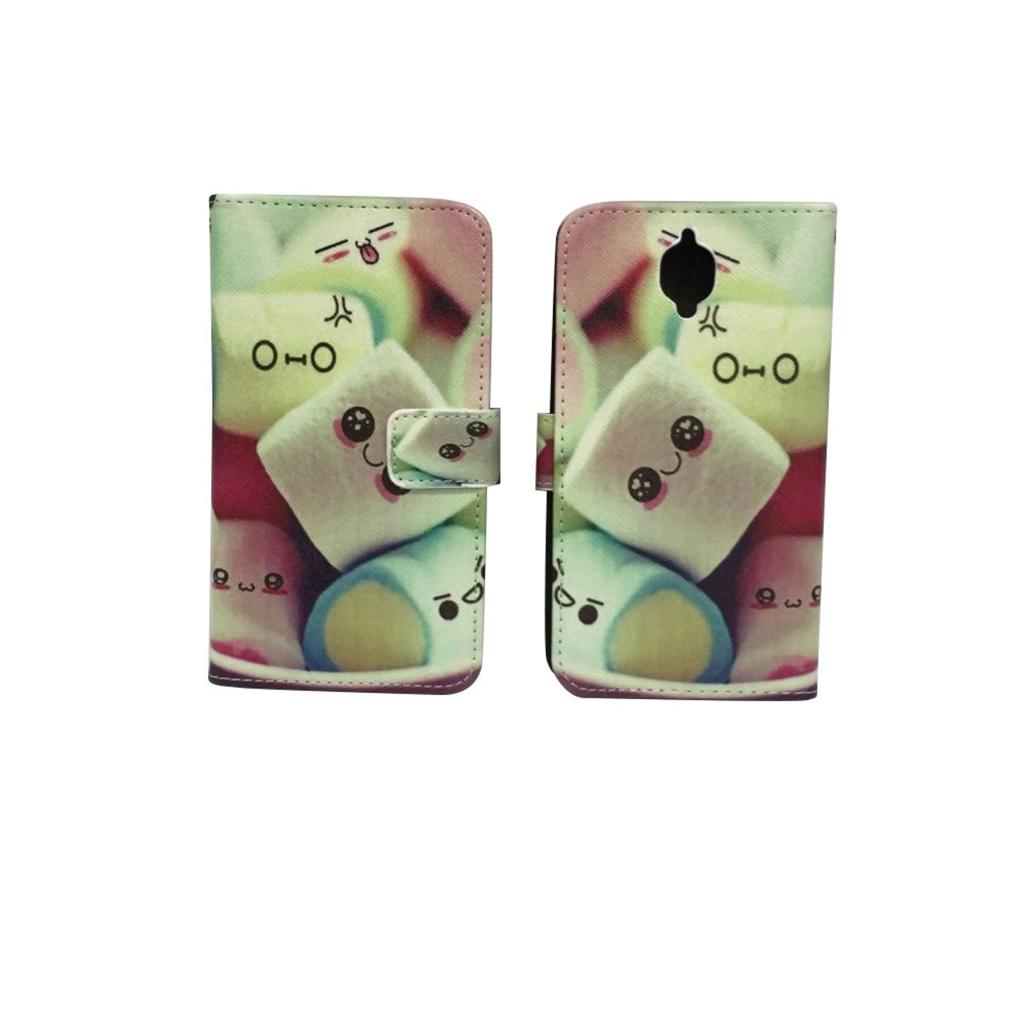 Handyhülle mit Marshmallow-Design, offen, um das Telefon zu zeigen. Die Handyhülle befindet sich auf weißem Hintergrund.