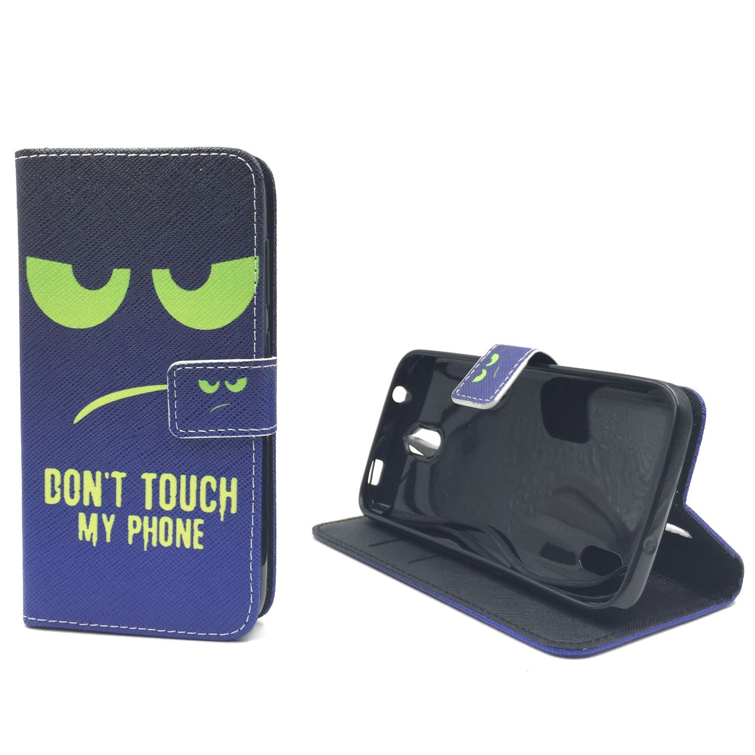 Handy-Hülle mit wütendem Gesicht und Text 'DON'T TOUCH MY PHONE'. Ein Telefon in der Hülle.