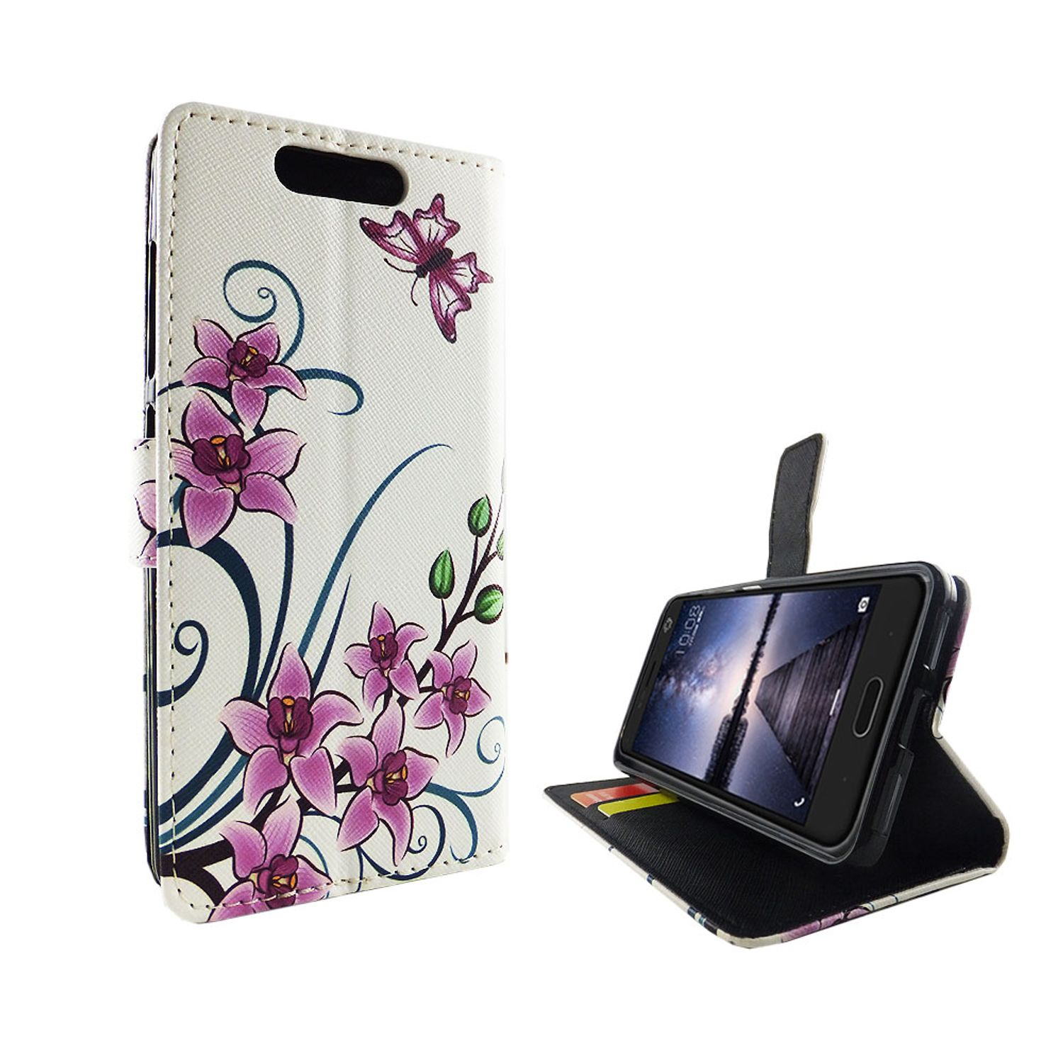 Handyhülle mit lila Blumen und Schmetterling, offen mit Telefon.