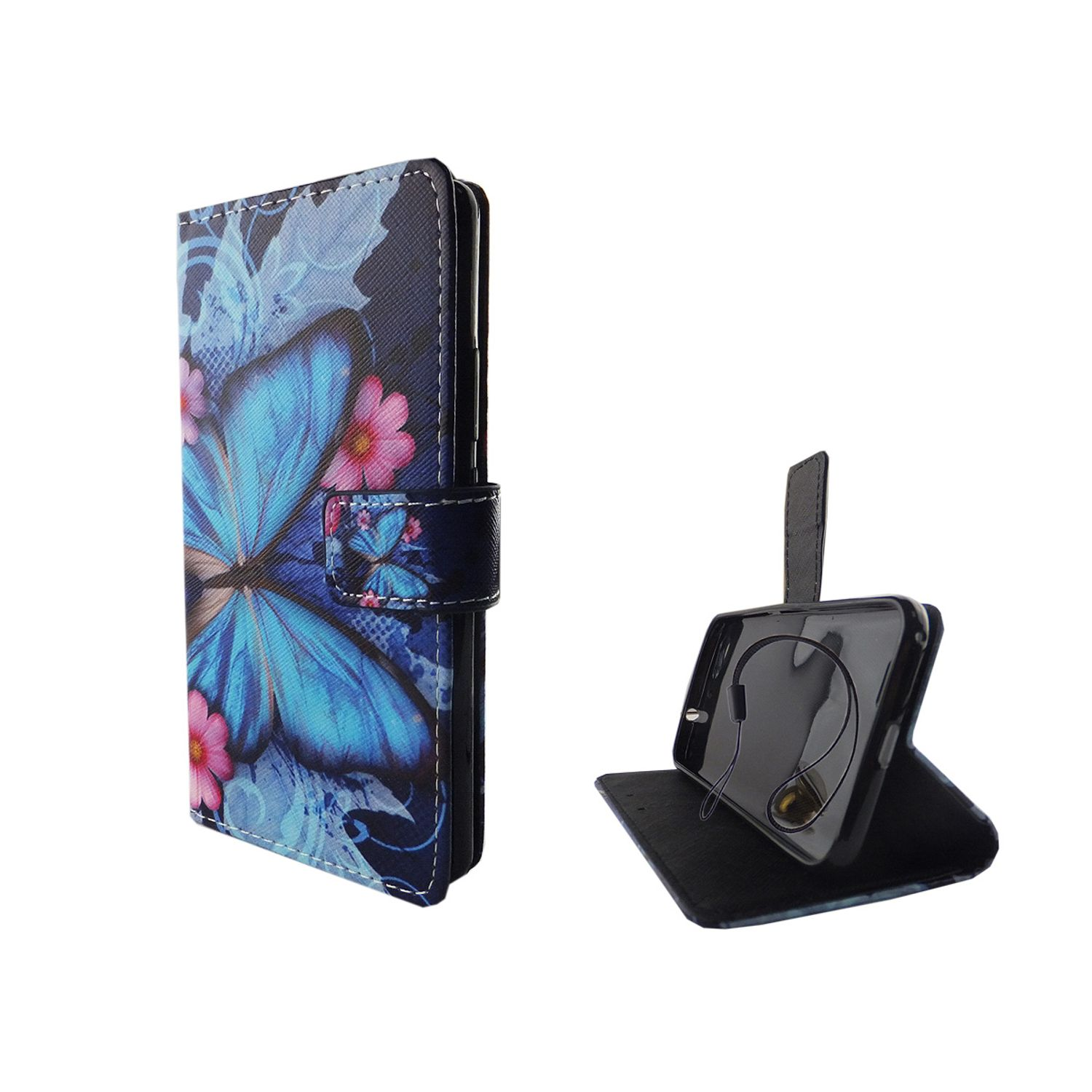Handyhülle mit blauem Schmetterlingsdesign. Geöffnete Hülle und Telefon darin. Weißer Hintergrund.