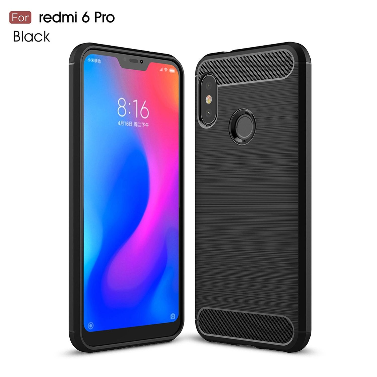 Schwarzes Telefon und Hülle, mit Text 'redmi 6 Pro', schwarze Handyhülle mit strukturierter Rückseite.