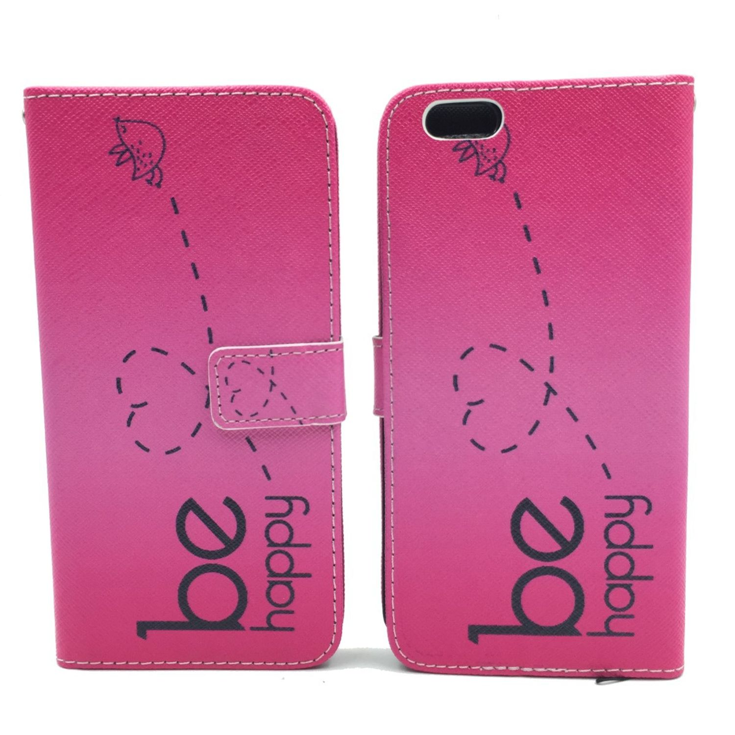 Eine rosa Handyhülle mit den Worten „be happy“. Das Telefon ist nicht drin. Weißer Hintergrund.