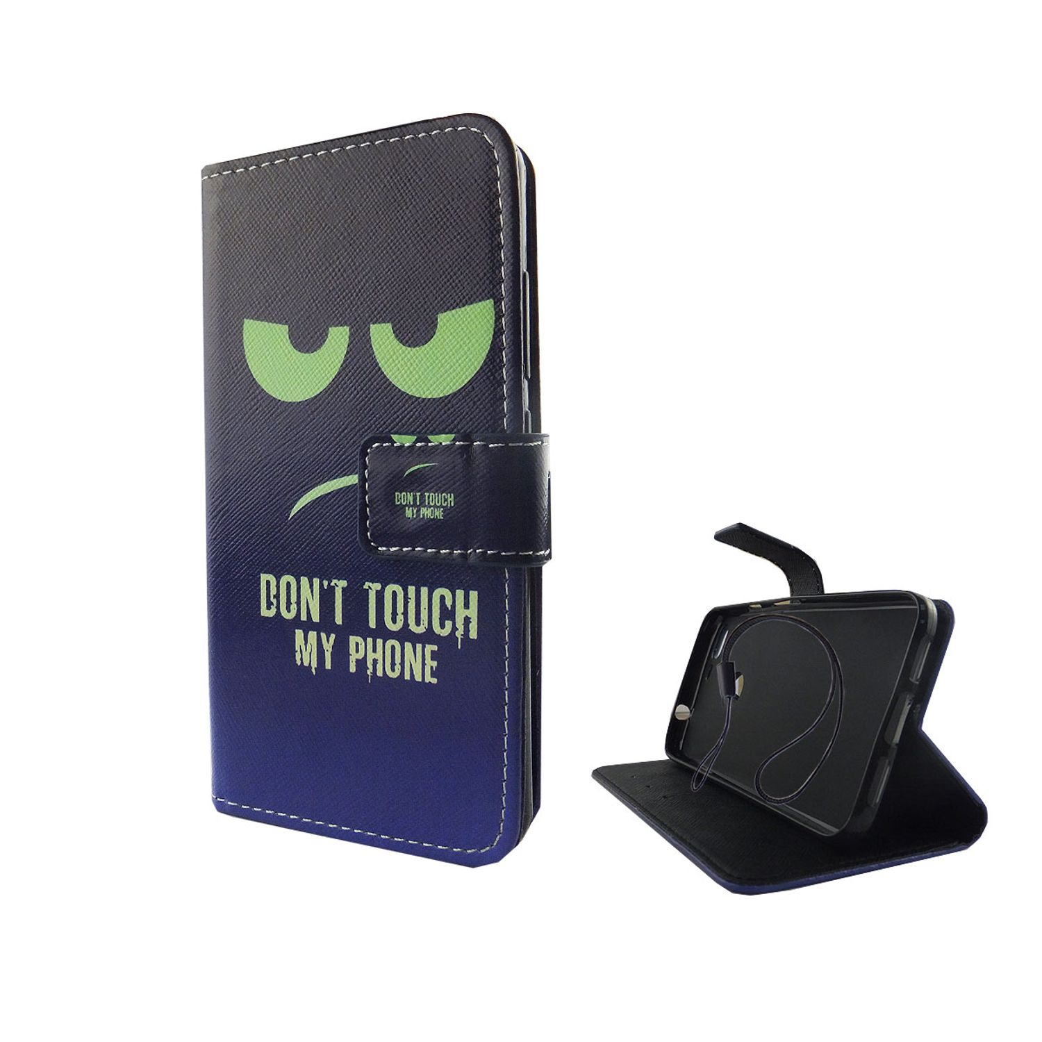 Eine blau-schwarze Handyhülle mit einem wütenden Gesicht und den Worten 'DON'T TOUCH MY PHONE'.