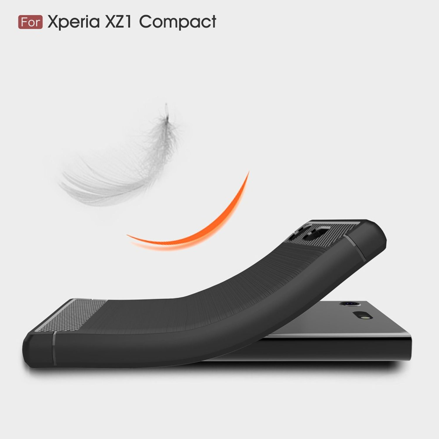 Schwarze Handyhülle, leicht gebogen, mit Federgrafik und Text 'For Xperia'.