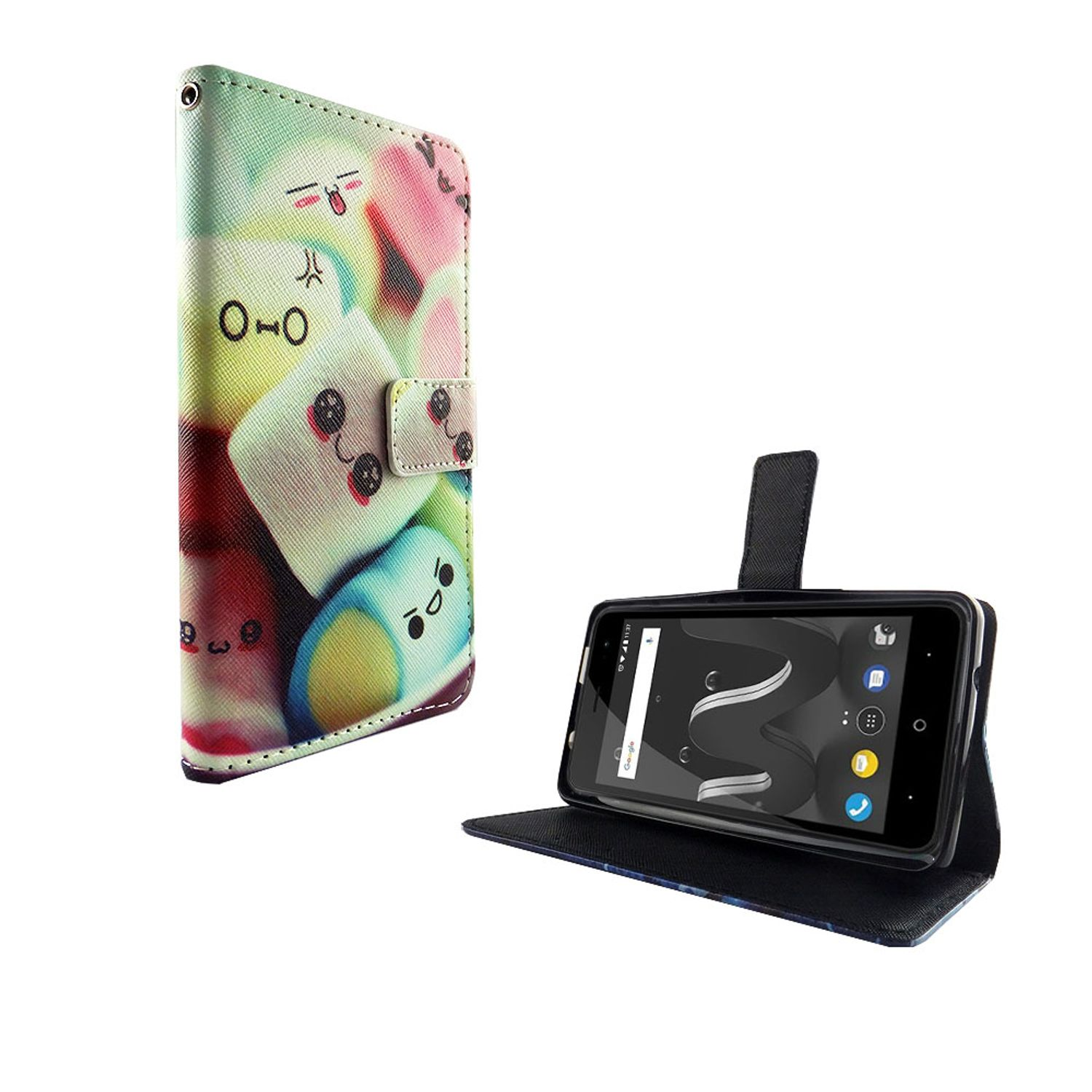 Marshmallow-Handyhülle mit Telefon darin. Weißer Hintergrund. Telefon zeigt einen Bildschirm.