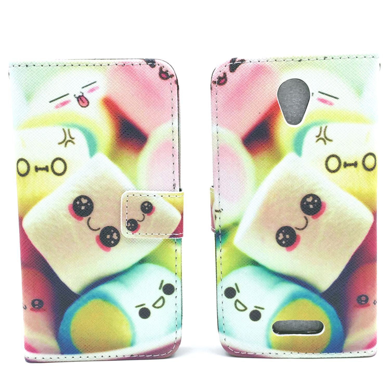 Handyhülle mit Marshmallow-Design. Gehäuse ist offen, Telefon im Inneren sichtbar.