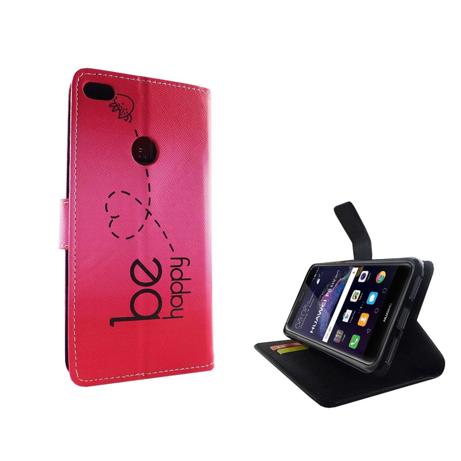 Rot-rosa Handyhülle mit 'be happy' Text. Telefon in der Hülle. Weißer Hintergrund. Text handgeschrieben.