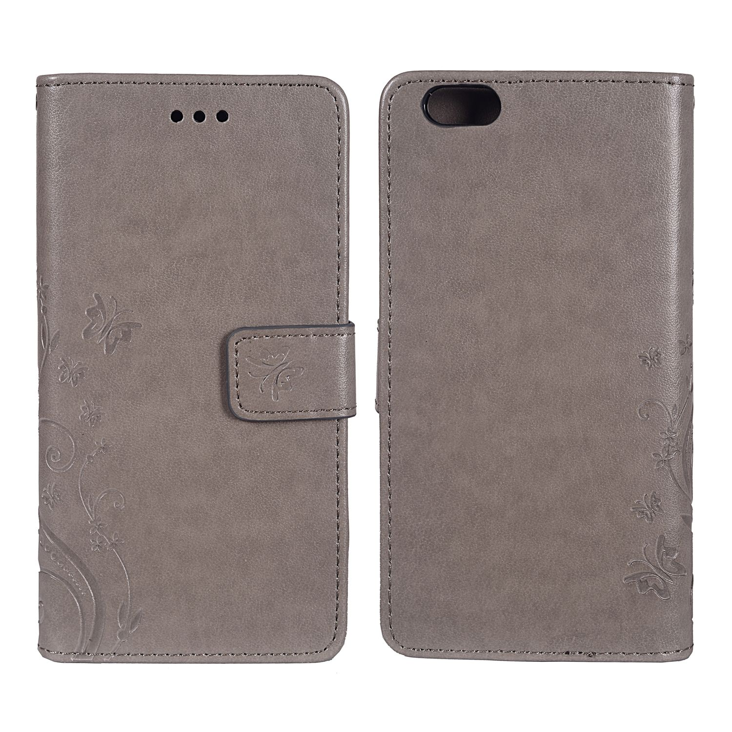 Graue Handyhülle mit floralem Design. Der Koffer ist geschlossen und offen.