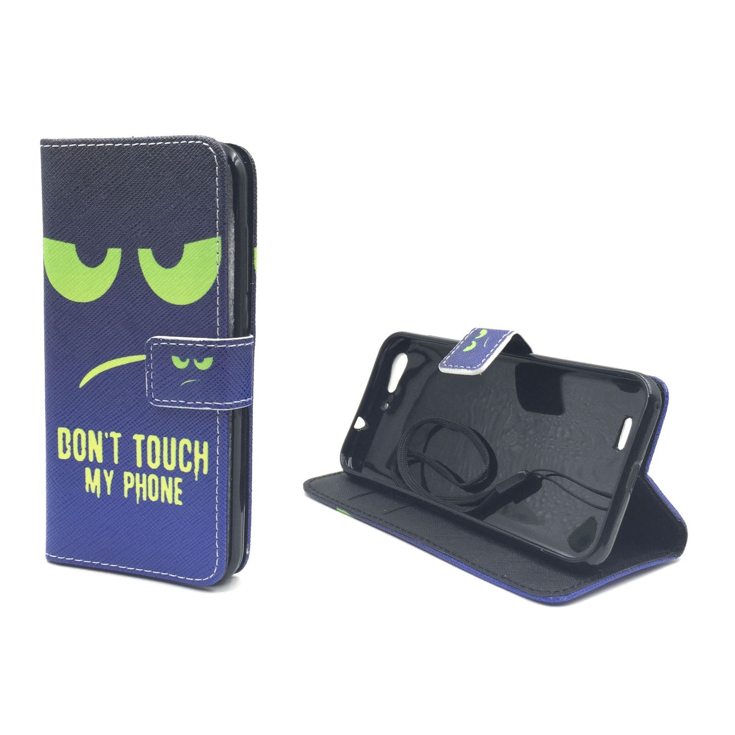 Dunkelblaues Handycase mit grimmigem Gesicht und Text: 'DON'T TOUCH MY PHONE'. Telefon innen.