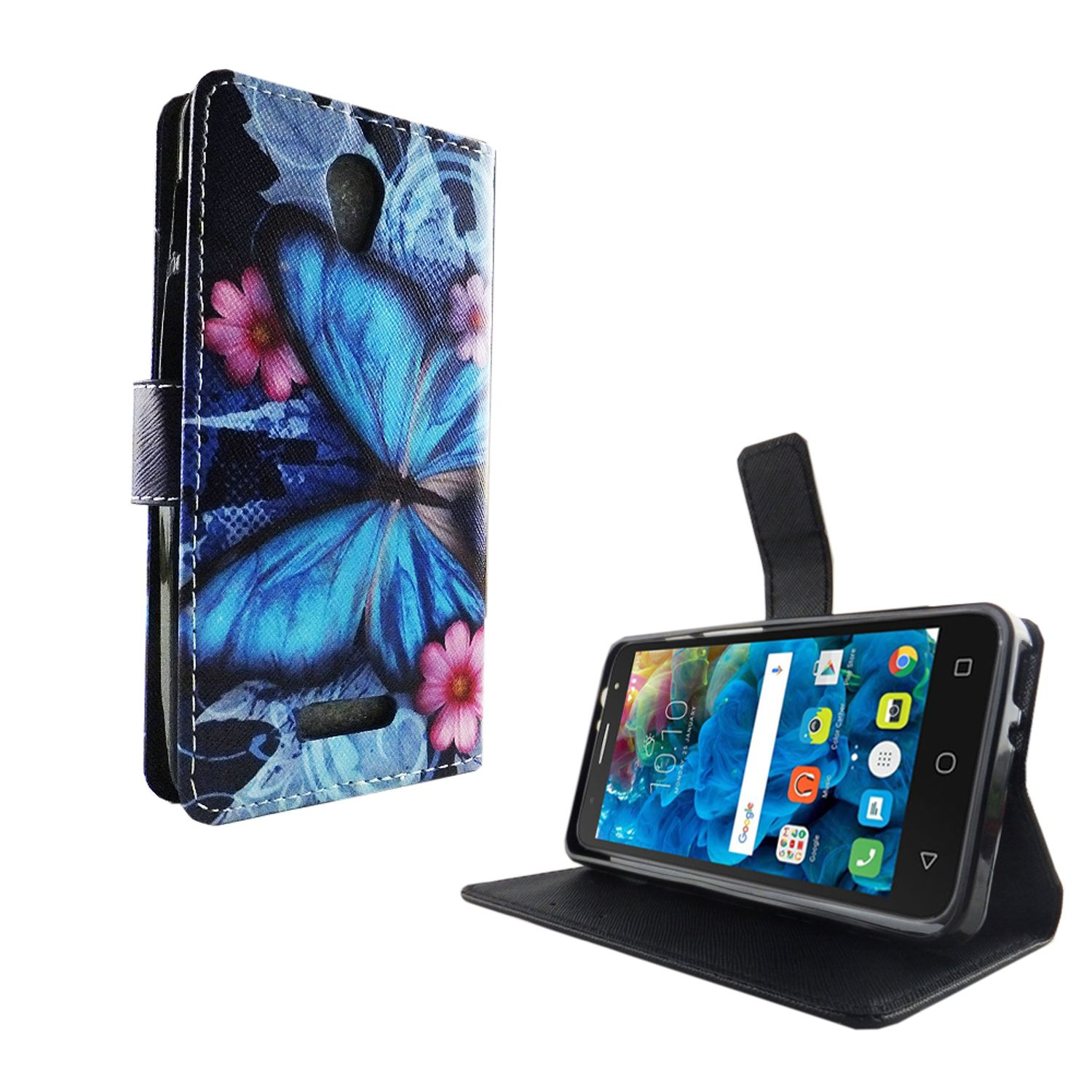 Handyhülle mit blauem Schmetterling und rosa Blumen, Telefon ist in der Hülle und geöffnet.