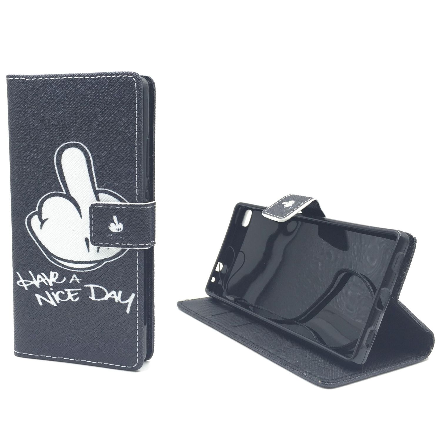 Schwarze Handyhülle mit weißem Mittelfinger und Text 'Have a Nice Day'.