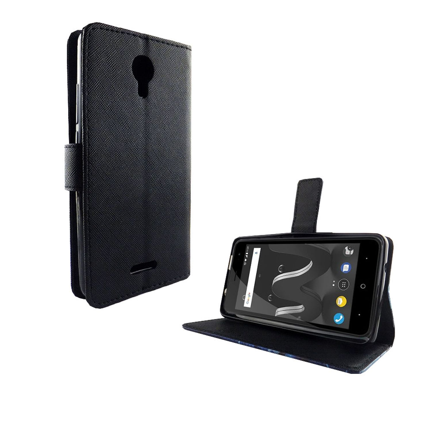 Schwarze Handyhülle mit einem Telefon darin.