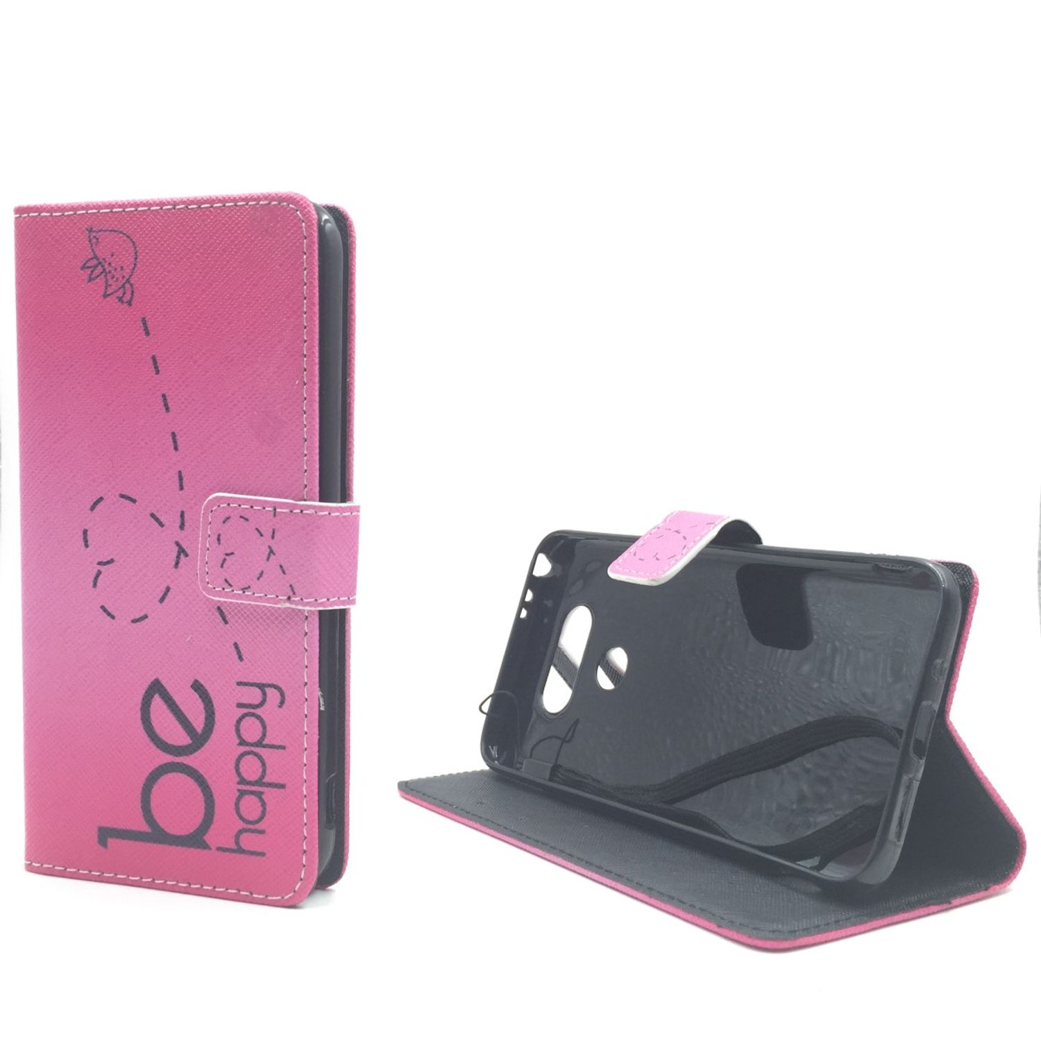 Offene pinke Handyhülle mit Bienen-Grafik und den Worten 'be happy'. Ein schwarzes Telefon ist drin.