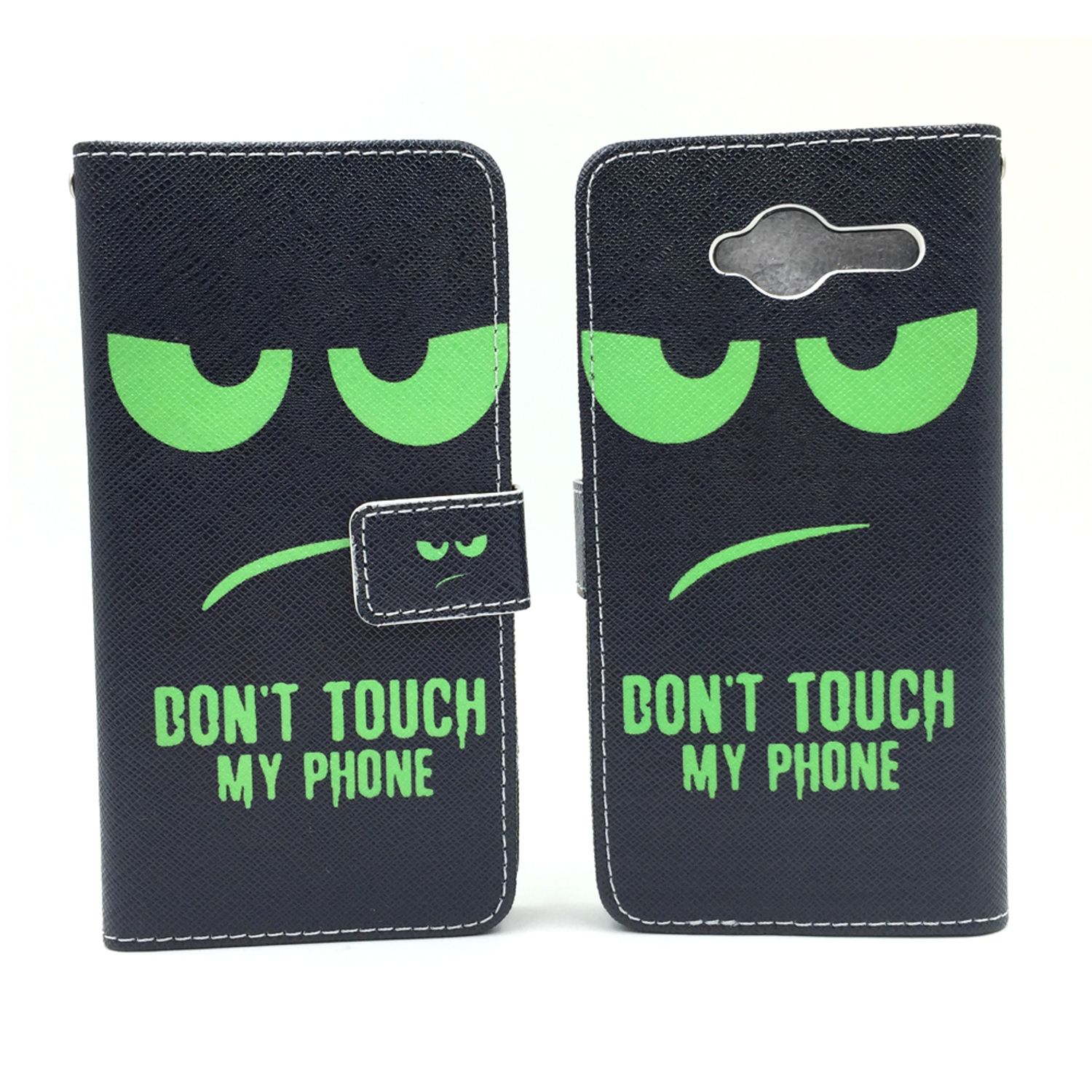 Schwarze Handyhülle mit grünen Augen und dem Text 'Don't touch my phone'.