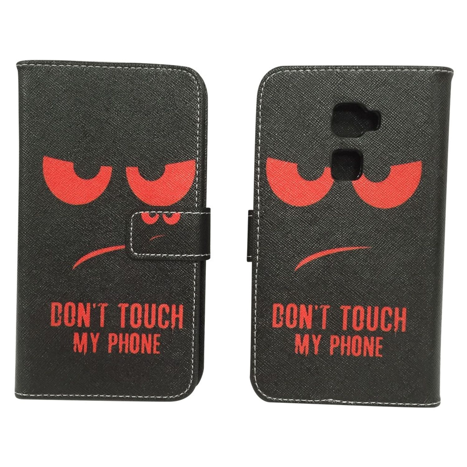 Schwarze Handyhülle mit wütendem Gesicht und Text 'DON'T TOUCH MY PHONE', geschlossen und offen.