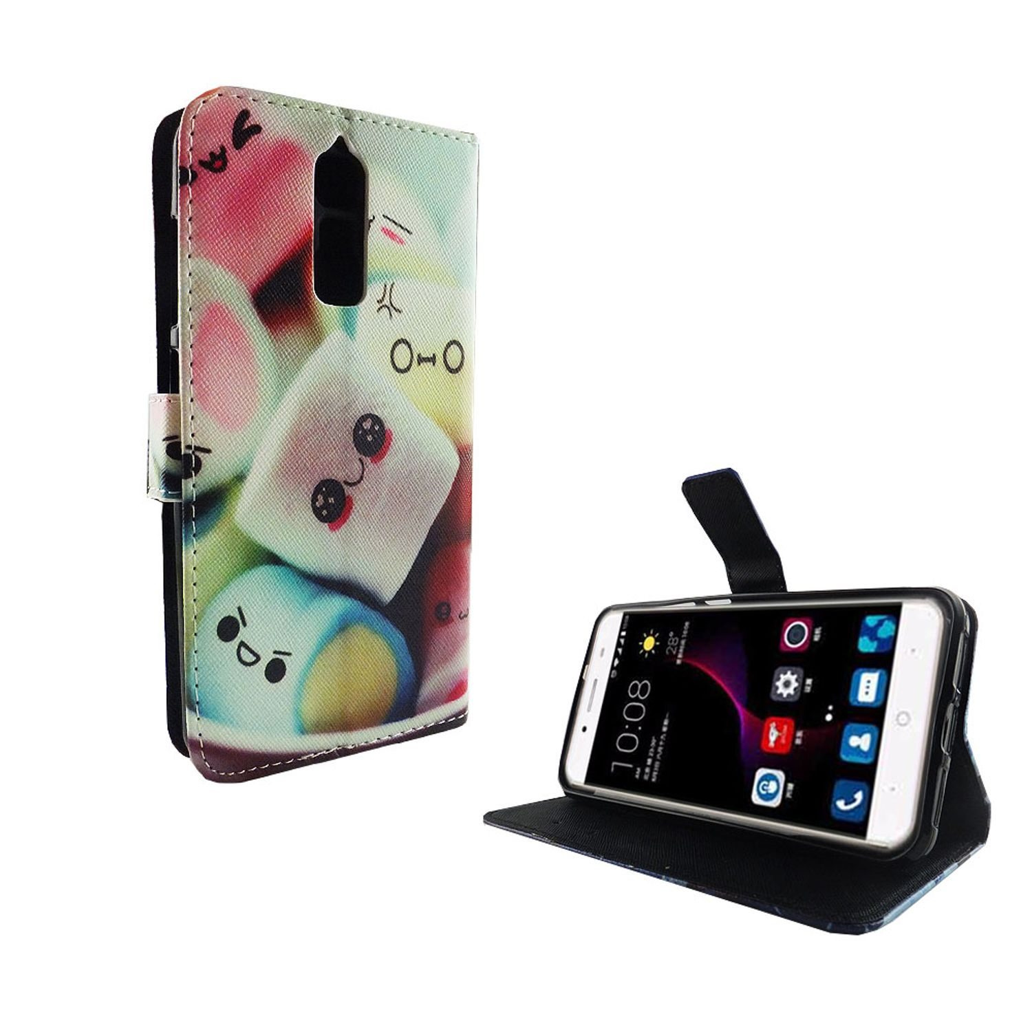 Geöffnete Handyhülle mit einem Telefon darin. Die Hülle hat ein buntes Marshmallow-Design.