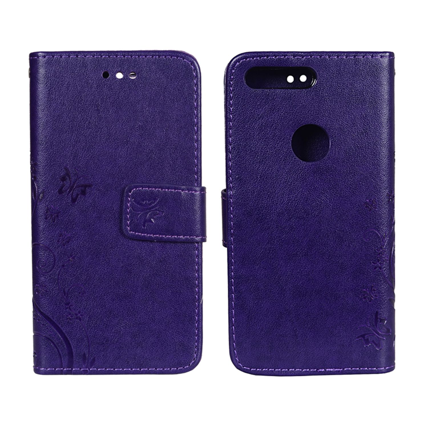 Eine lila Handyhülle mit floralem Design. Sie ist offen und zeigt das Telefon im Inneren. Weißer Hintergrund.