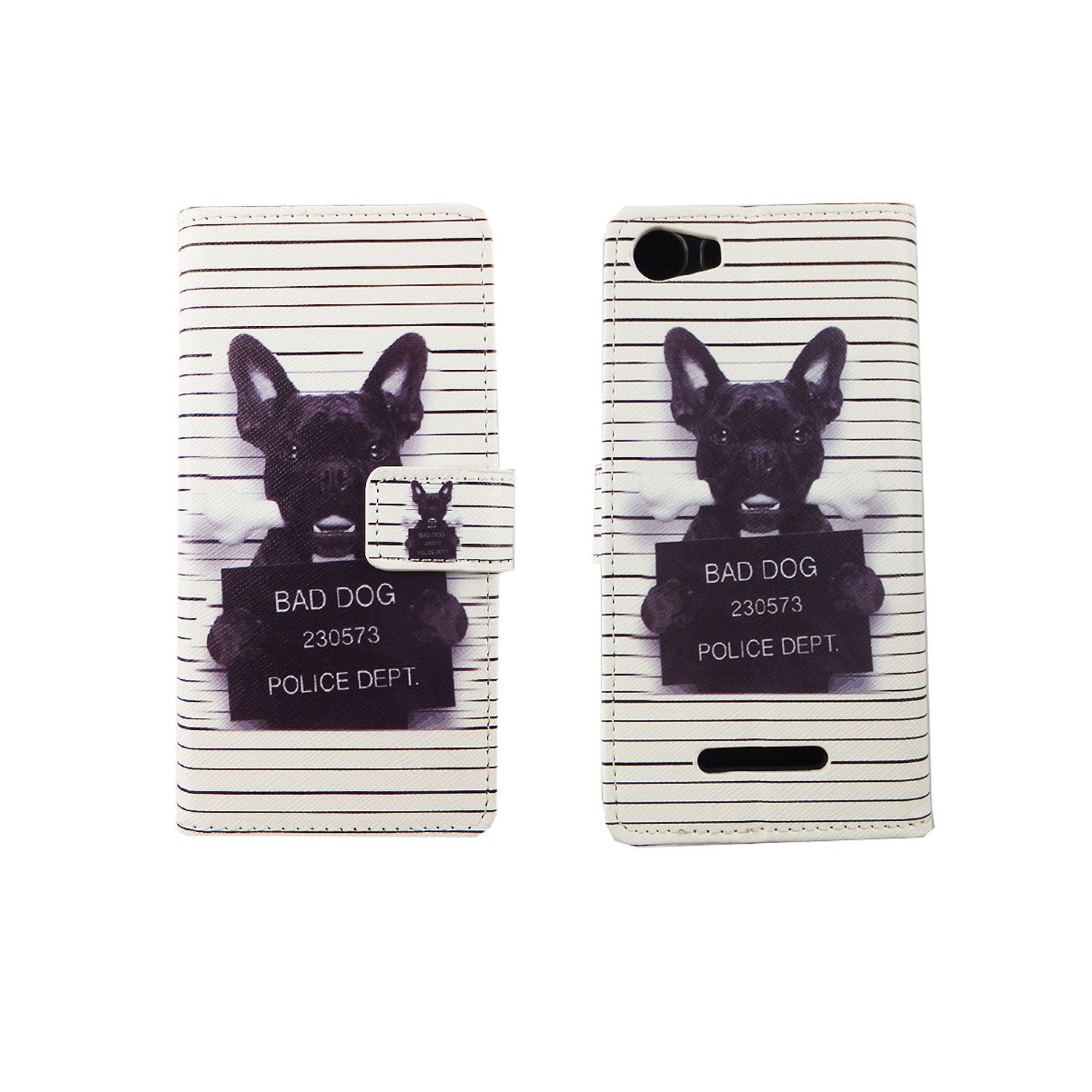 Schwarz-weißes Handycase mit einem Hundefoto, mit dem Text „SCHLECHTER HUND, POLIZEI“.