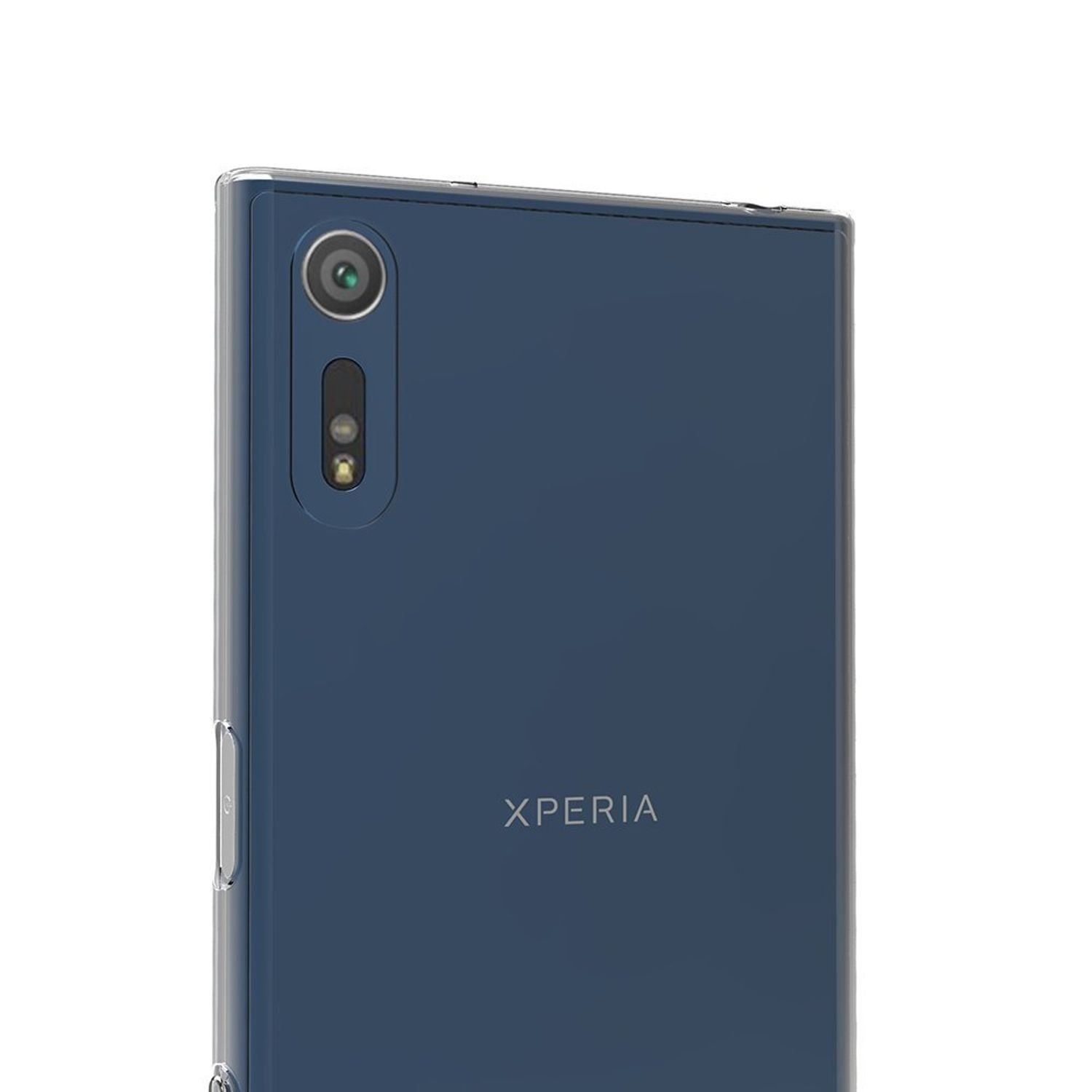Dunkelblaues Telefon mit 'XPERIA'-Text auf weißem Hintergrund.