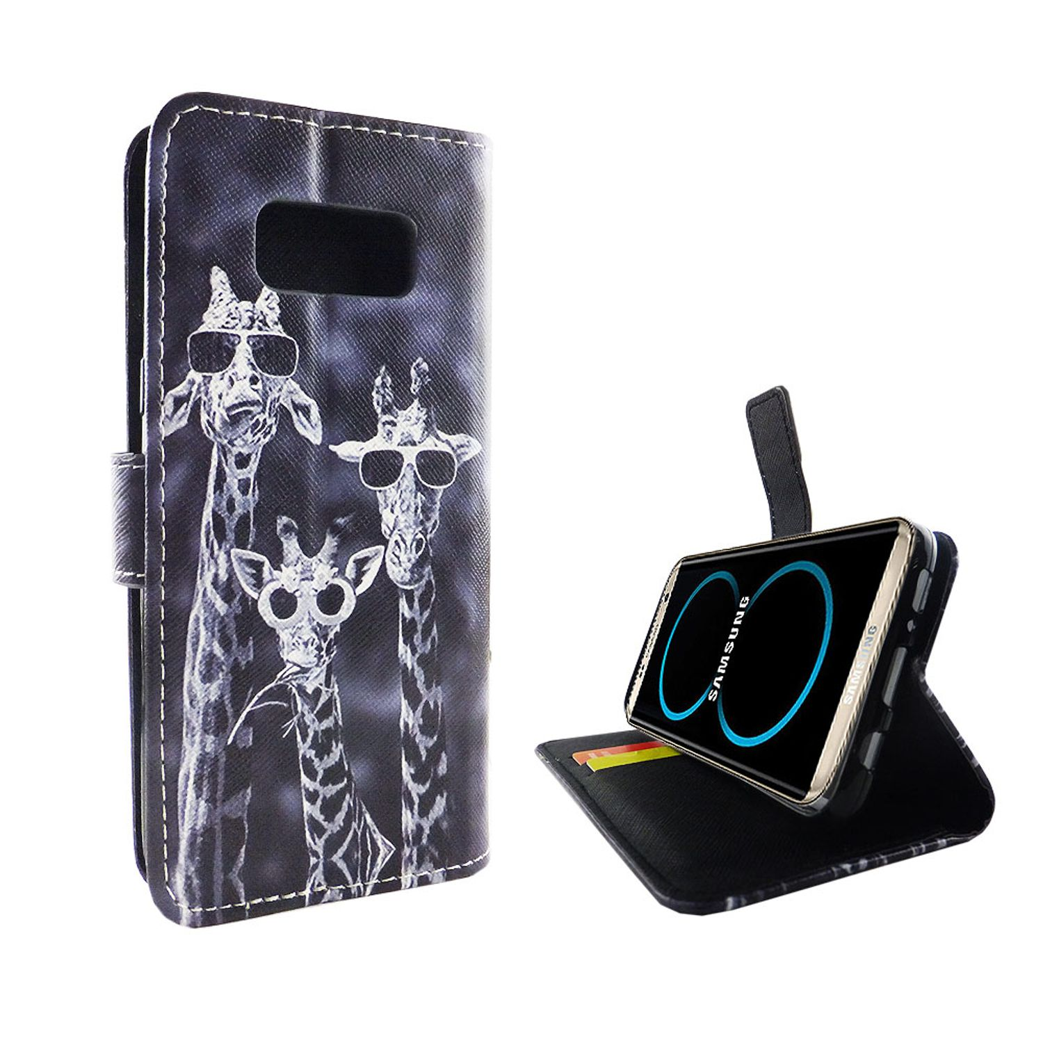 Handyhülle mit Giraffen mit Sonnenbrille. Telefon ist im Inneren abgebildet. Schwarz-Weiß-Design.