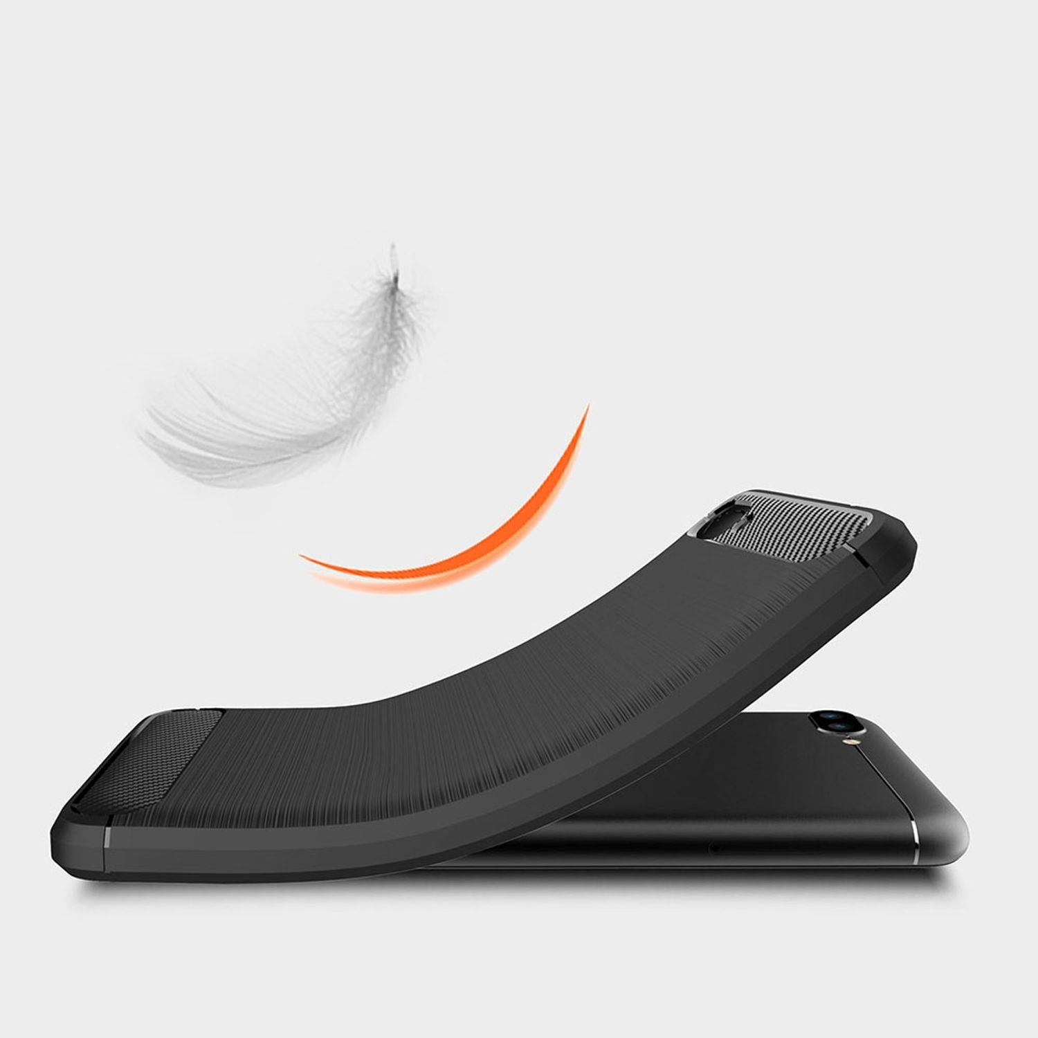 Eine schwarze Handyhülle ist gebogen, mit einer Feder und einer orangefarbenen Kurve.