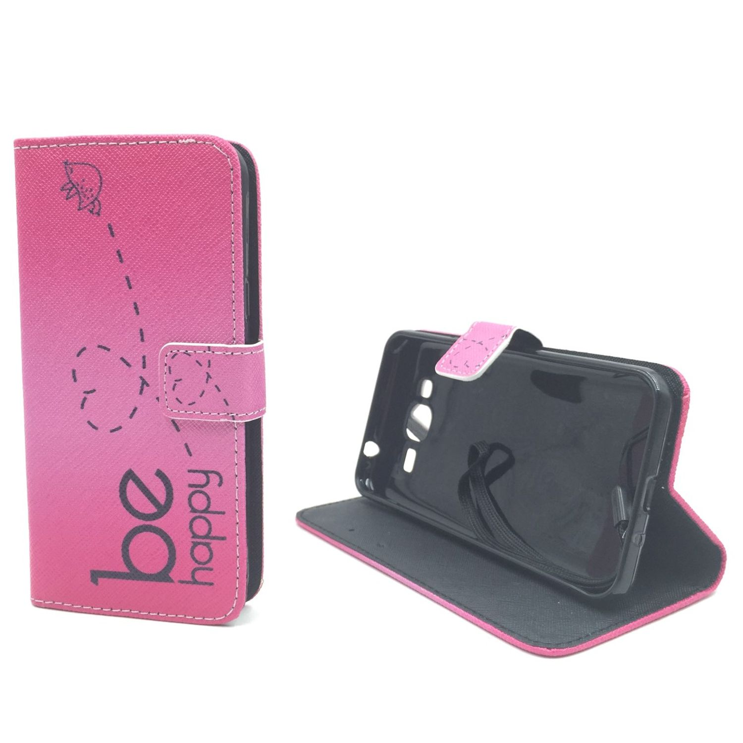 Rosa Handyhülle mit 'be happy'-Text, Telefon ist in der Hülle. Hülle ist offen.