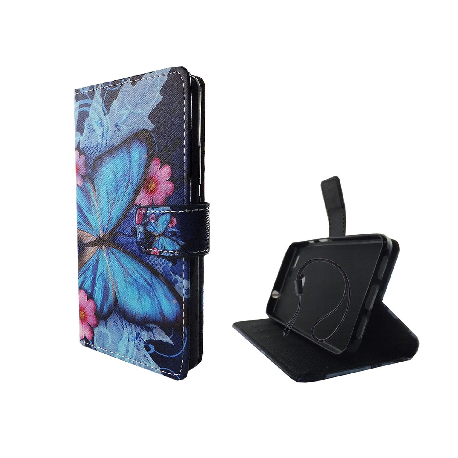 Handyhülle mit Schmetterlingsdesign. Telefon ist im offenen Gehäuse sichtbar.