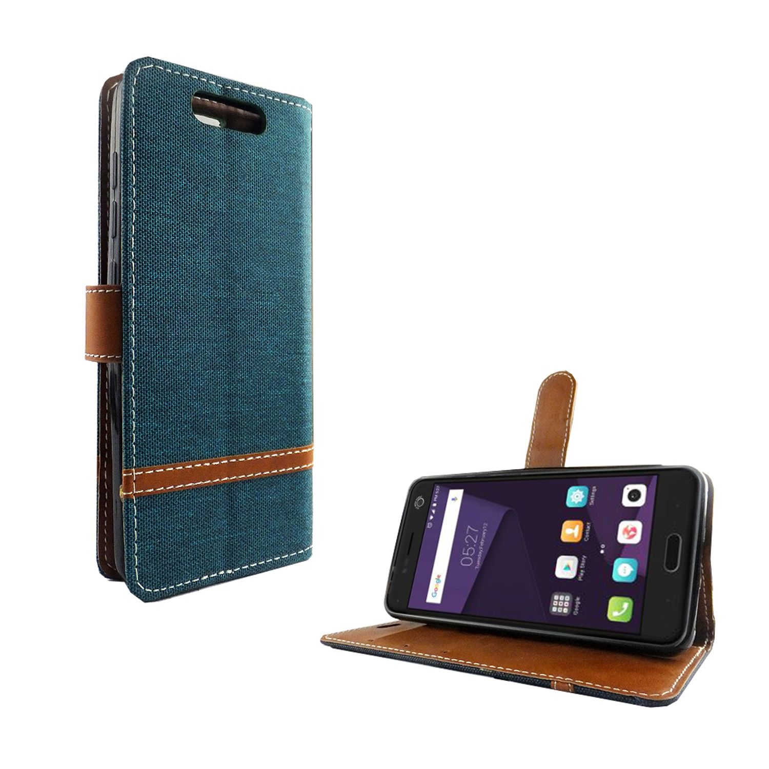 Blaue Handyhülle mit Jeansstoff-Textur, offen, um ein Telefon zu zeigen. Braune und weiße Akzente.